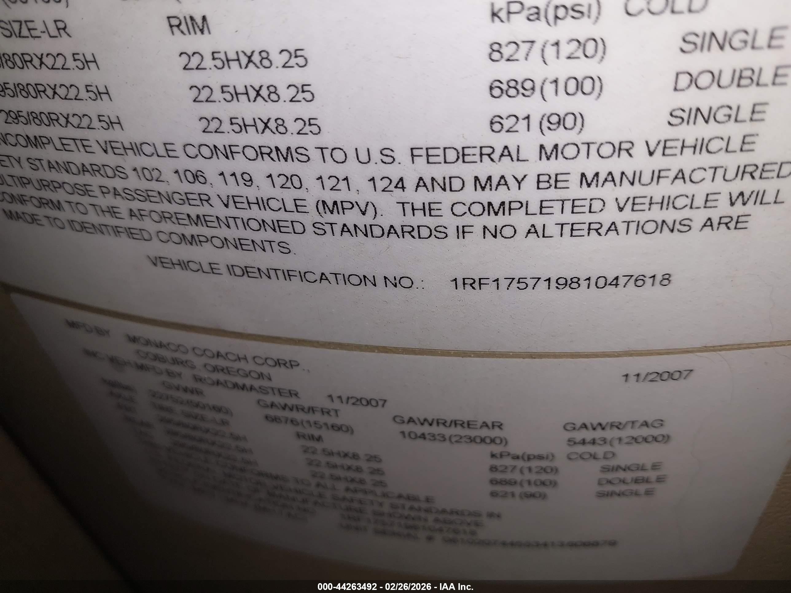 2008 Roadmaster rail All other VIN 1RF17571981047618 IAAI salvage auction — Theft, Salvage (Arizona), sold $9,750 on 2026-04-14 (photo 9)