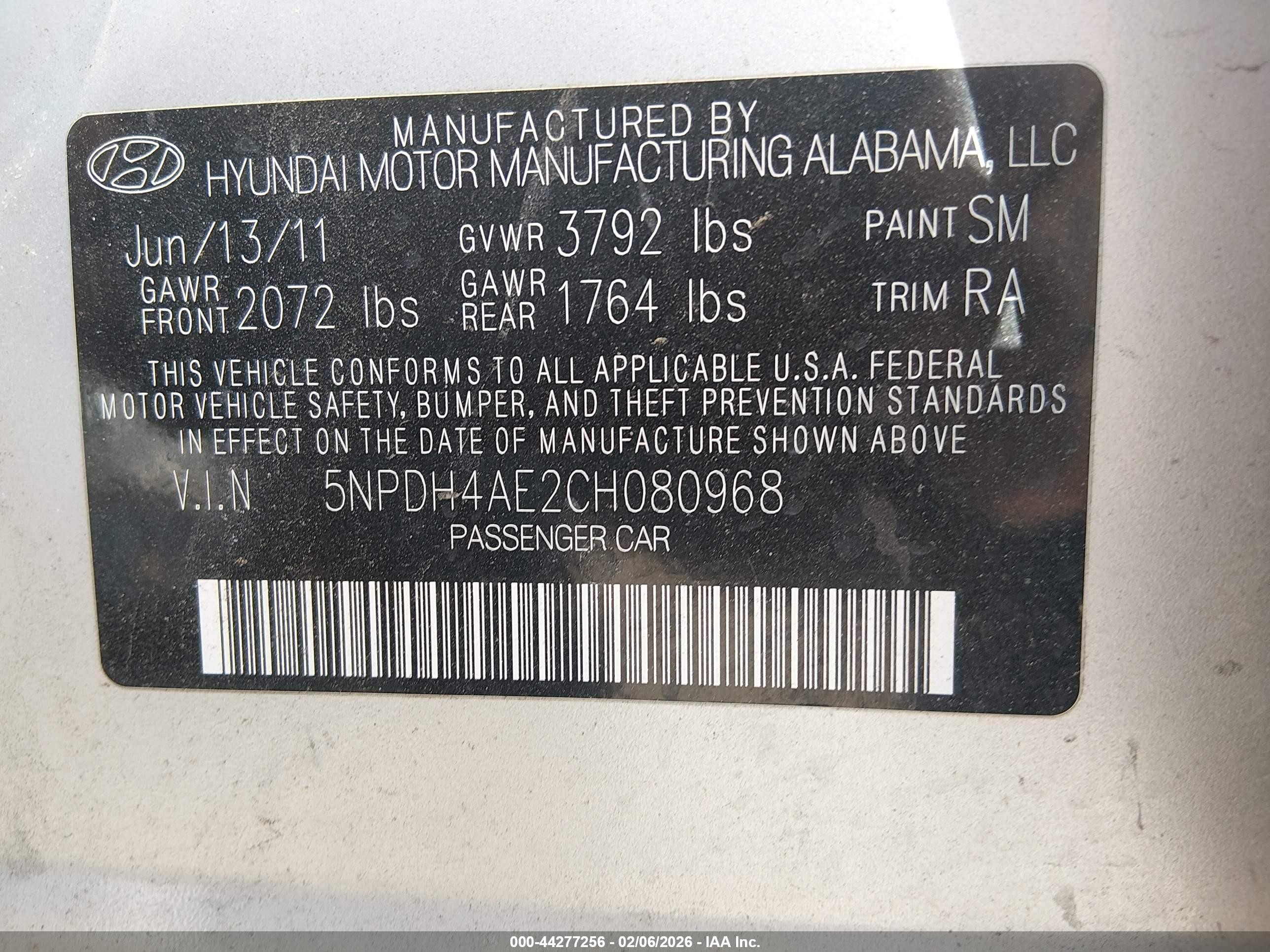 2012 Hyundai Elantra VIN 5NPDH4AE2CH080968 IAAI salvage auction — Rear End, Salvage (Utah), sold $300 on 2026-07-09 (photo 9)