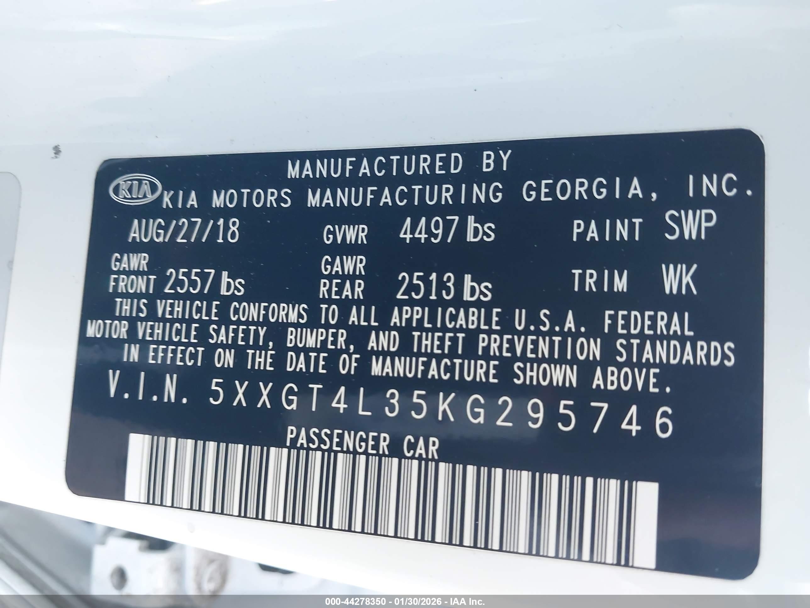 2019 Kia Optima VIN 5XXGT4L35KG295746 IAAI salvage auction — Front End, Salvage (Utah), sold $350 on 2026-07-09 (photo 9)