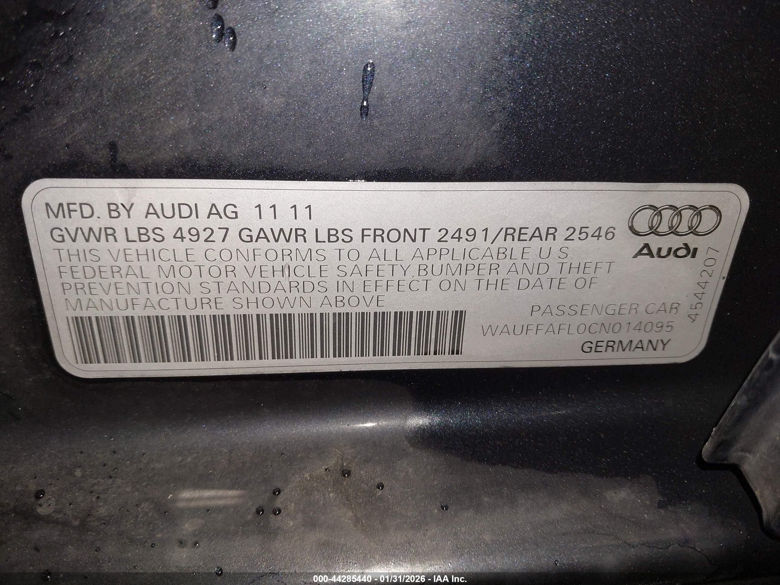 2012 Audi A4 VIN WAUFFAFL0CN014095 IAAI salvage auction — Front End, Salvage (North Dakota), sold $2,175 on 2026-07-09 (photo 9)