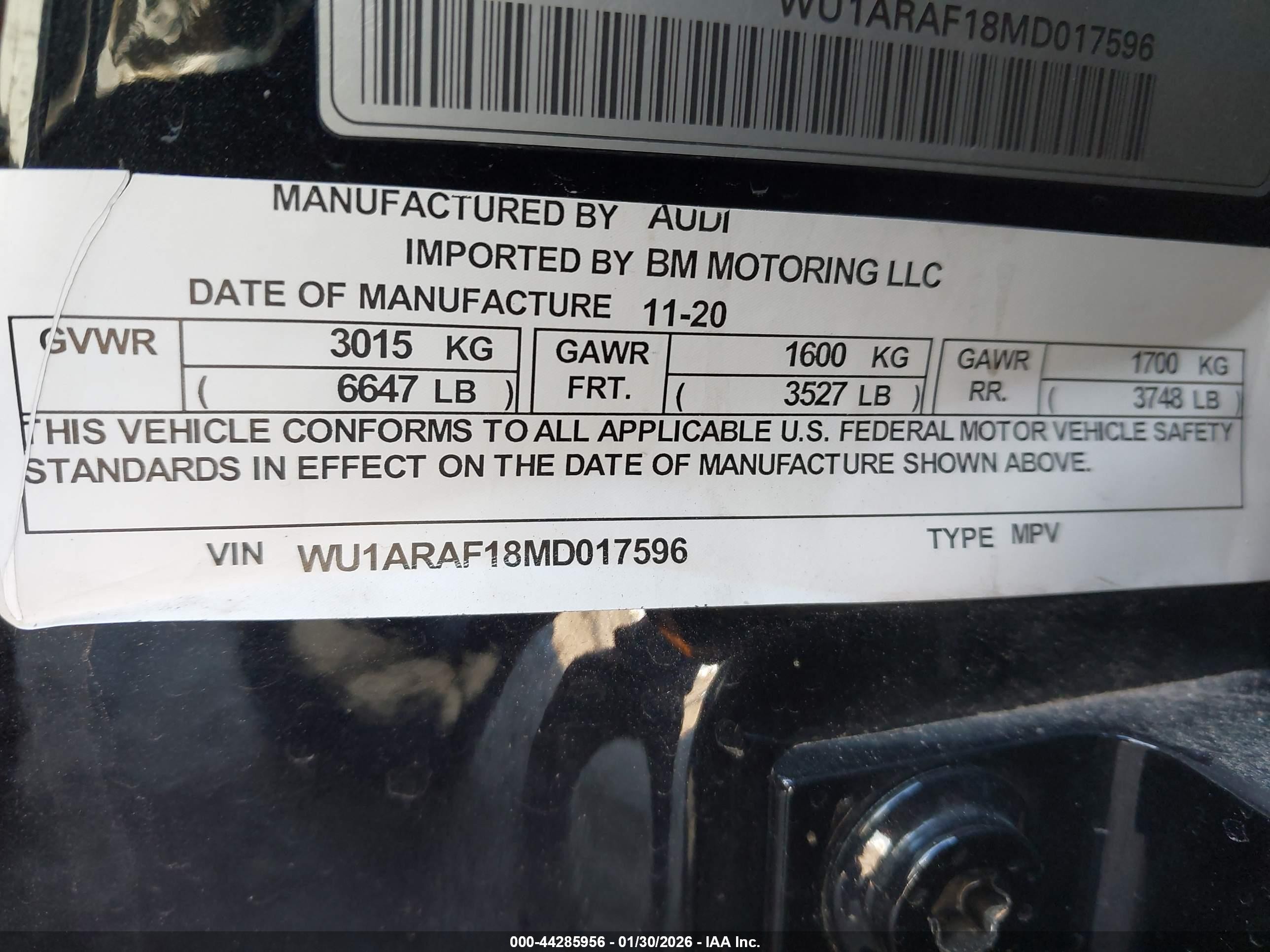 2021 Audi Rs q8 VIN WU1ARAF18MD017596 IAAI salvage auction — Front End, Clear (Oklahoma), sold $31,500 on 2026-06-29 (photo 9)