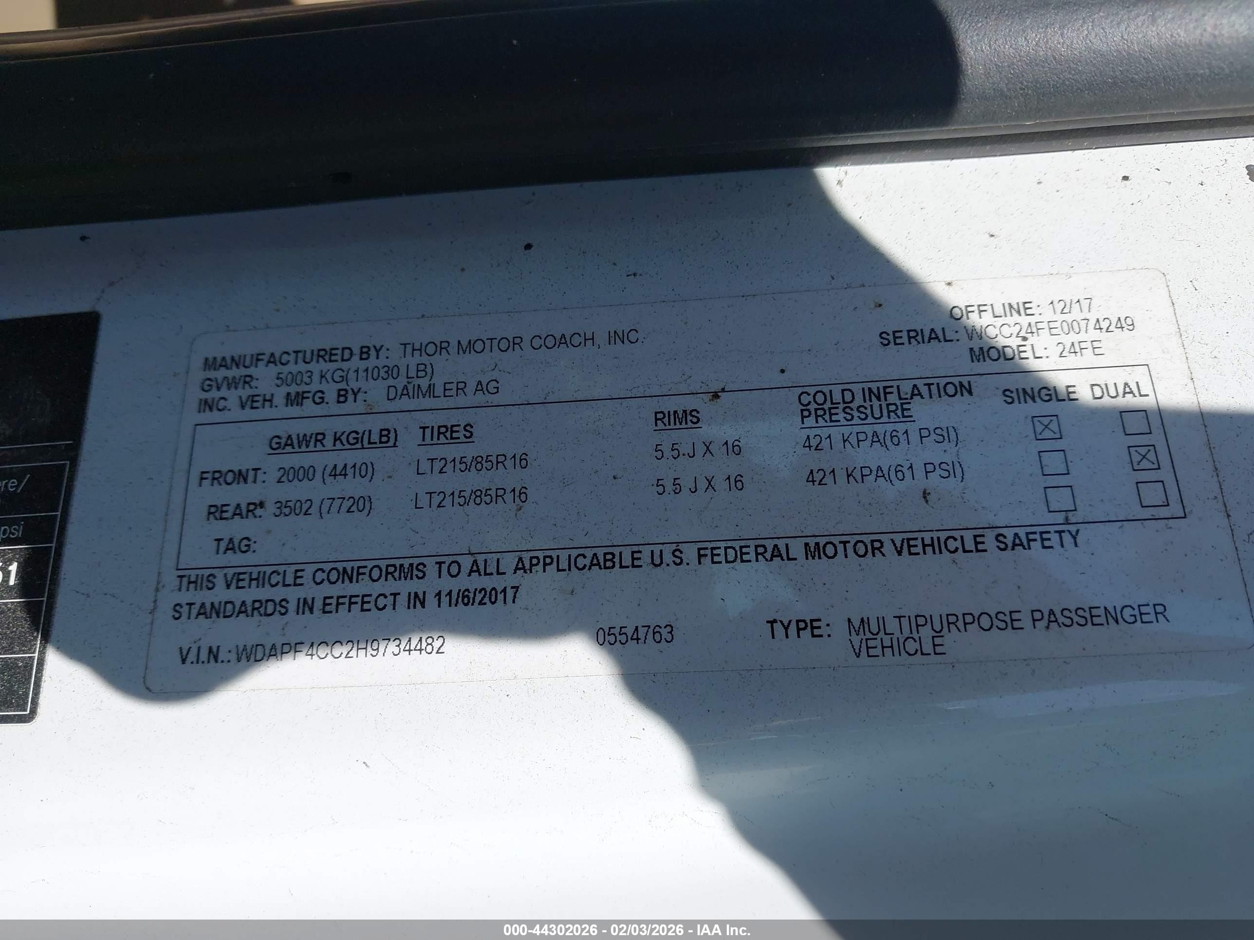 2017 Mercedes-benz Sprinter VIN WDAPF4CC2H9734482 IAAI salvage auction — Electrical, Rebuildable (Florida), sold $25,450 on 2026-05-04 (photo 9)