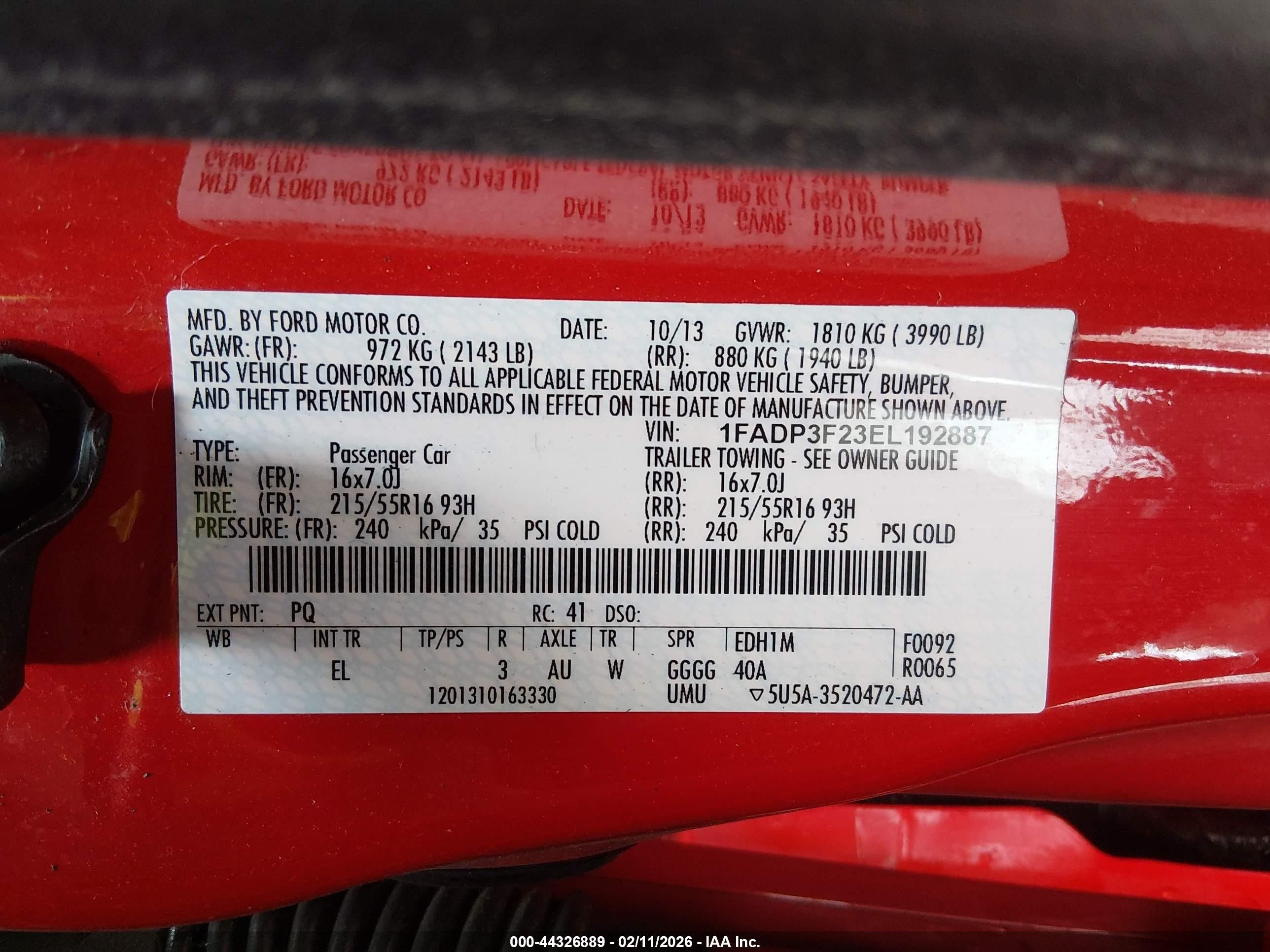 2014 Ford Focus VIN 1FADP3F23EL192887 IAAI salvage auction — Rear End, Salvage (Nevada), sold $900 on 2026-07-11 (photo 9)