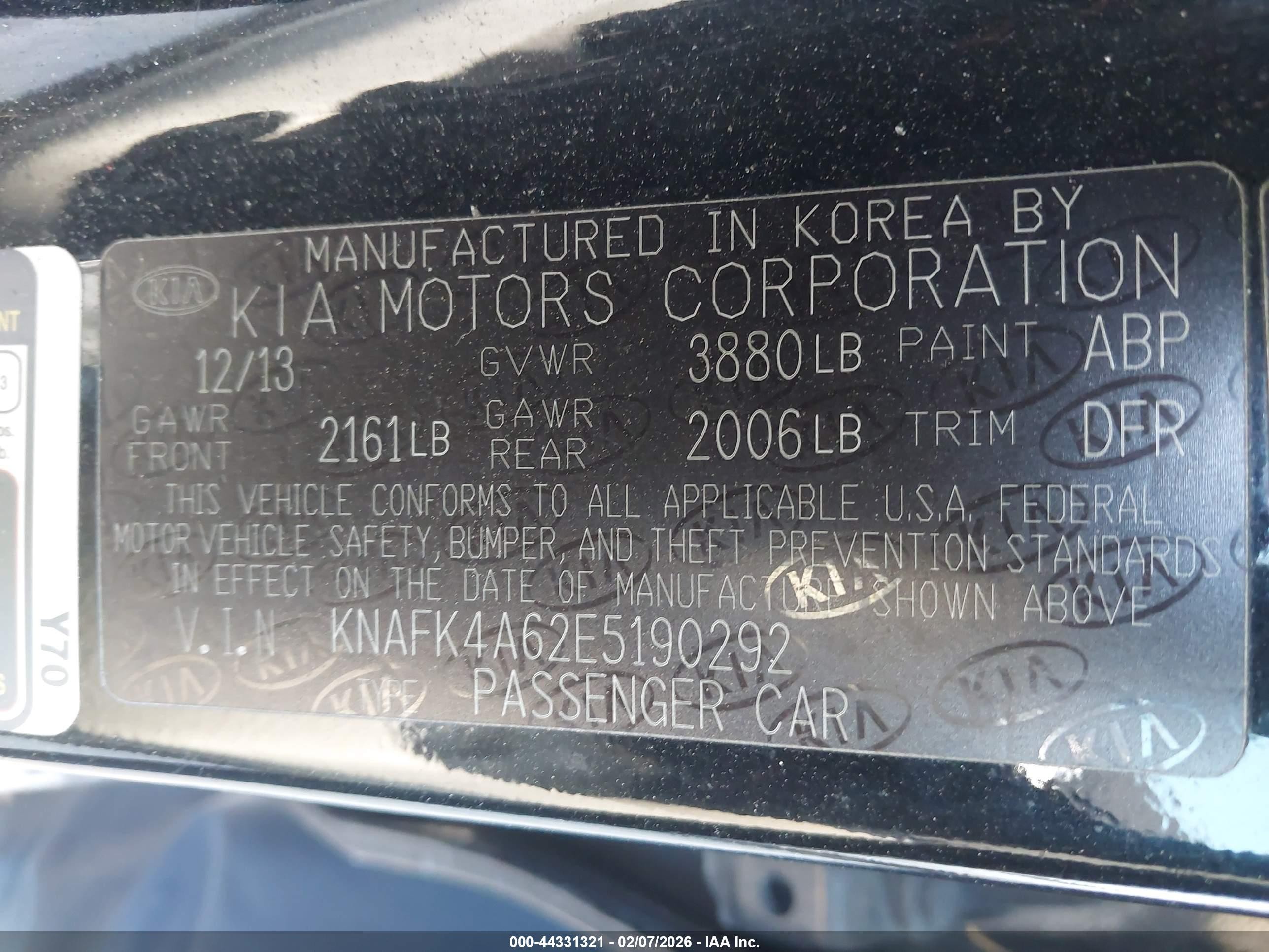 2014 Kia Forte VIN KNAFK4A62E5190292 IAAI salvage auction — Front End, Salvage (California), sold $1,225 on 2026-07-09 (photo 9)