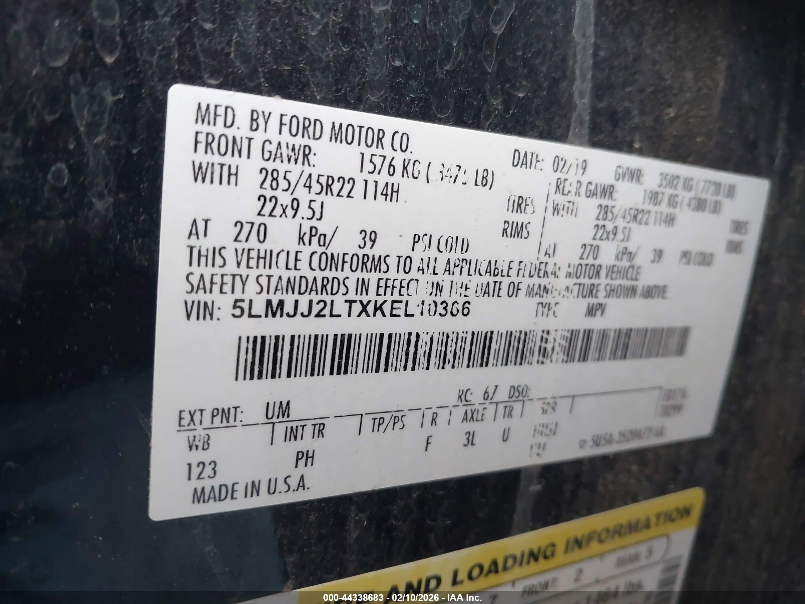 2019 Lincoln Navigator VIN 5LMJJ2LTXKEL10366 IAAI salvage auction — Unknown, Original (Texas), sold $16,700 on 2026-05-12 (photo 9)