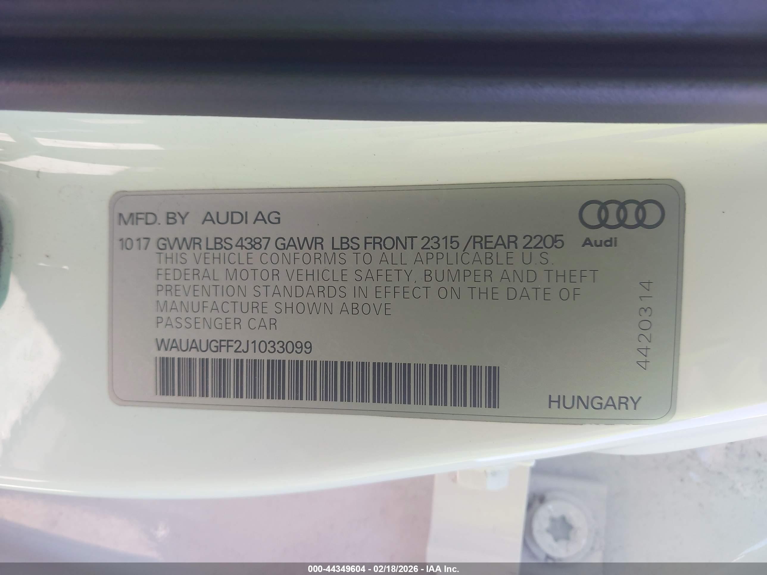2018 Audi A3 VIN WAUAUGFF2J1033099 IAAI salvage auction — Unknown, Salvage (California), sold $2,750 on 2026-09-12 (photo 9)
