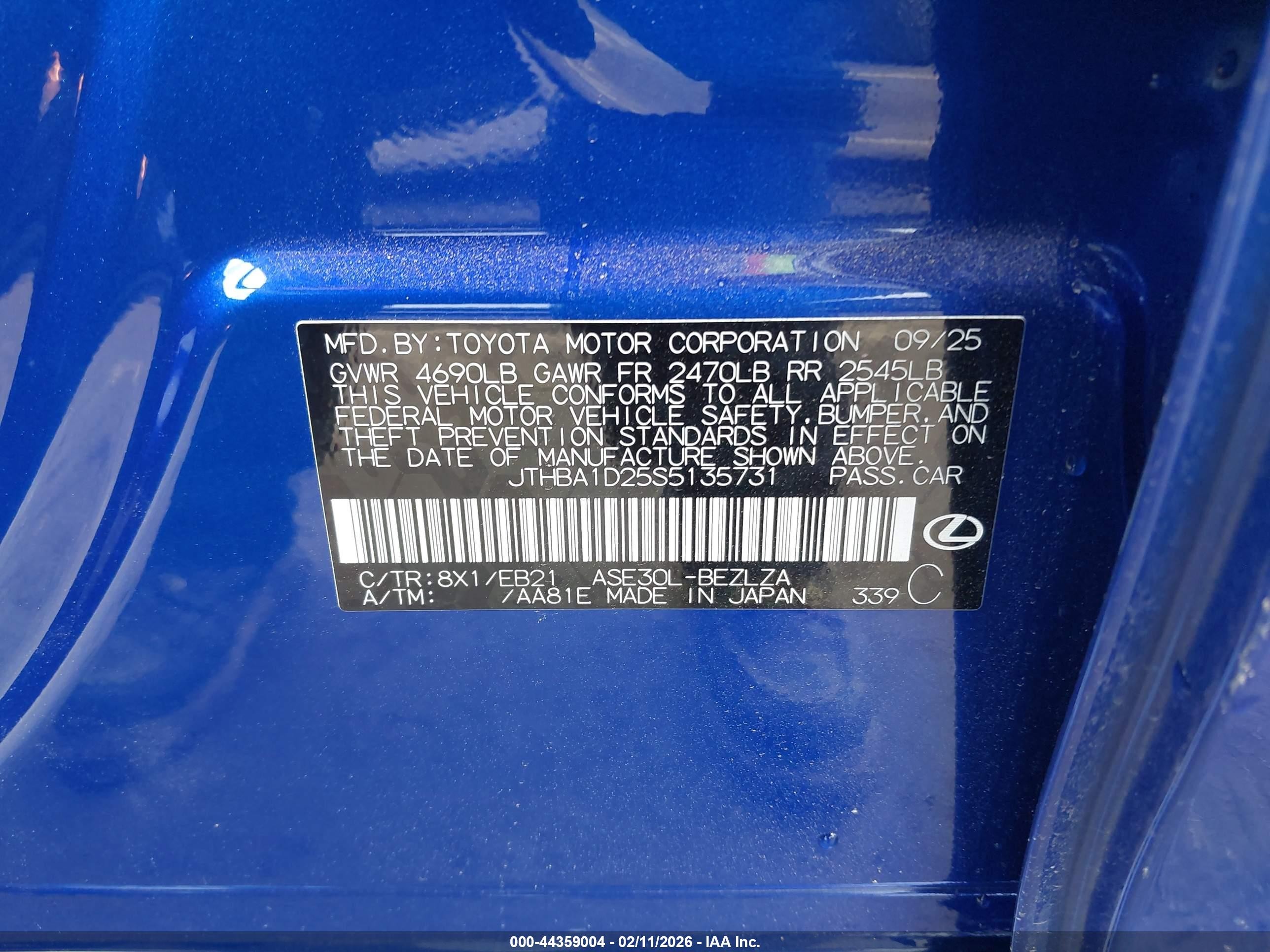 2025 Lexus Is 300 VIN JTHBA1D25S5135731 IAAI salvage auction — Front End, Salvage (California), sold $13,200 on 2026-04-20 (photo 9)