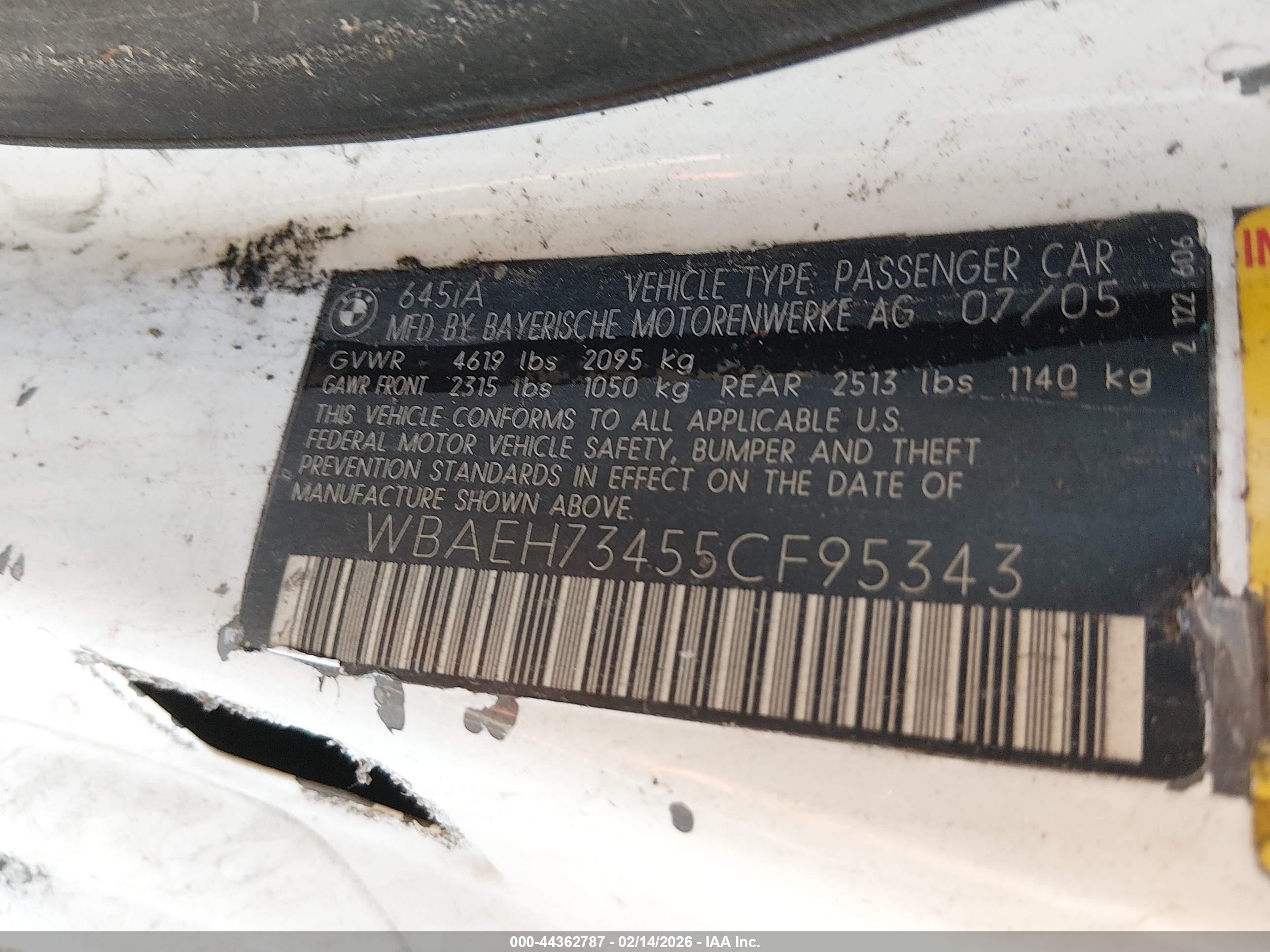 2005 BMW 6 Series VIN WBAEH73455CF95343 IAAI salvage auction — Normal Wear, Clear - Dealer Only (California), sold $400 on 2026-07-09 (photo 9)