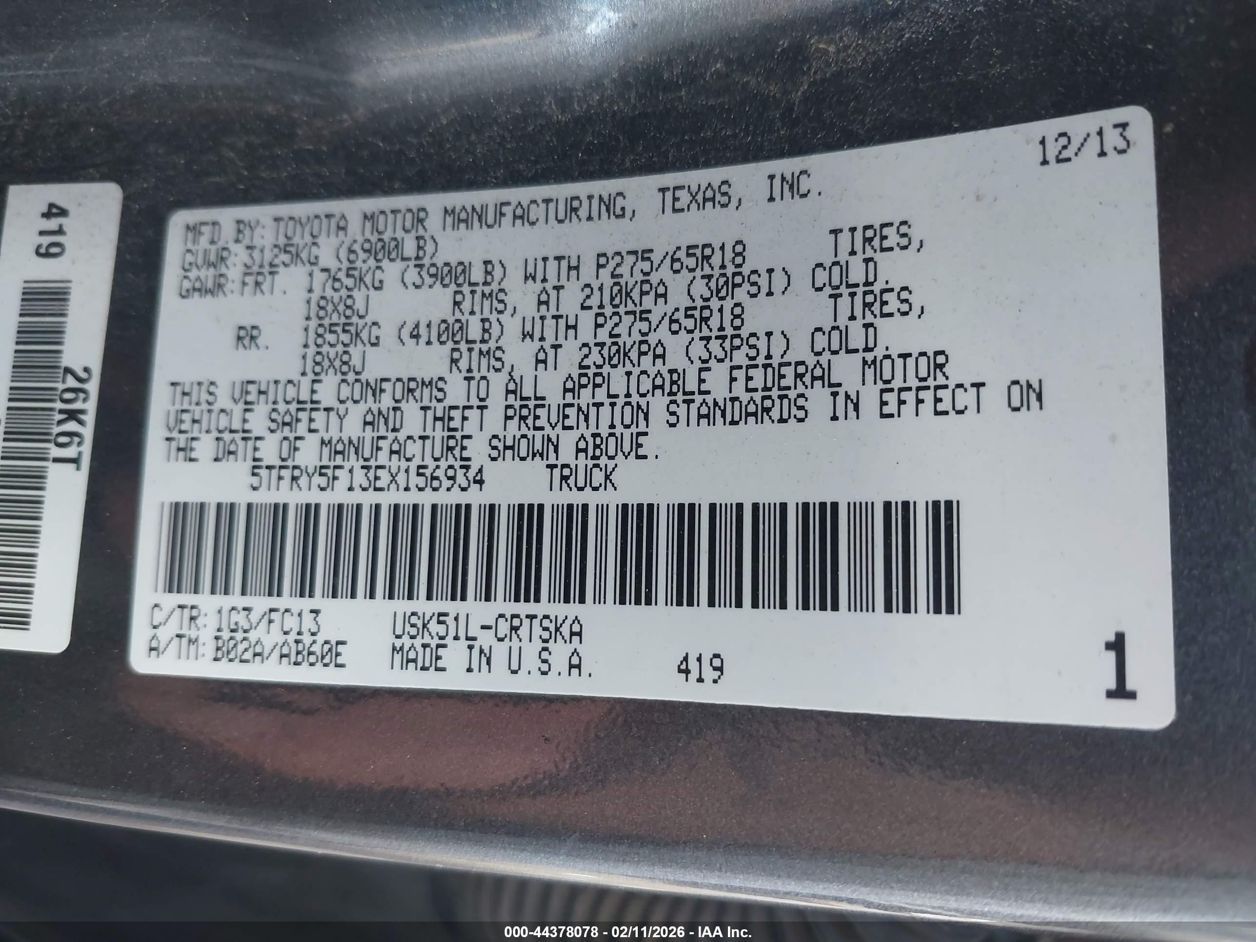 2014 Toyota Tundra VIN 5TFRY5F13EX156934 IAAI salvage auction — Unknown, Salvage (Arizona), sold $6,050 on 2026-07-05 (photo 9)
