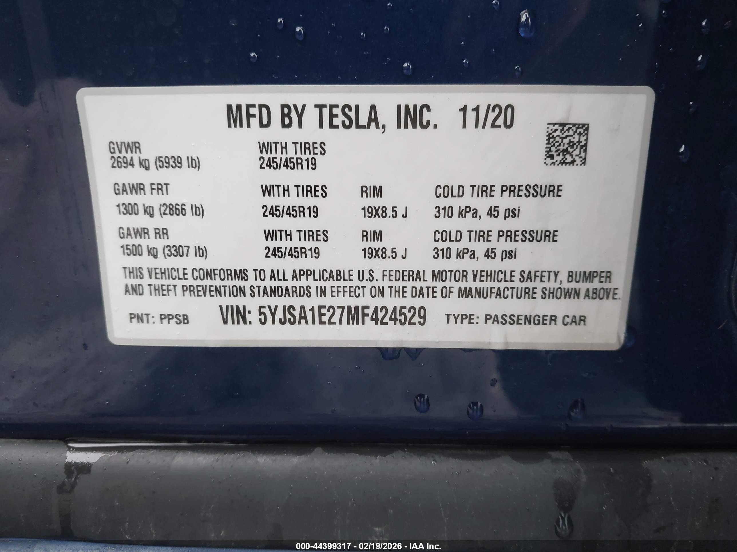 2021 Tesla Model s VIN 5YJSA1E27MF424529 IAAI salvage auction — Rear End, Salvage (Pennsylvania), sold $16,250 on 2026-10-19 (photo 9)