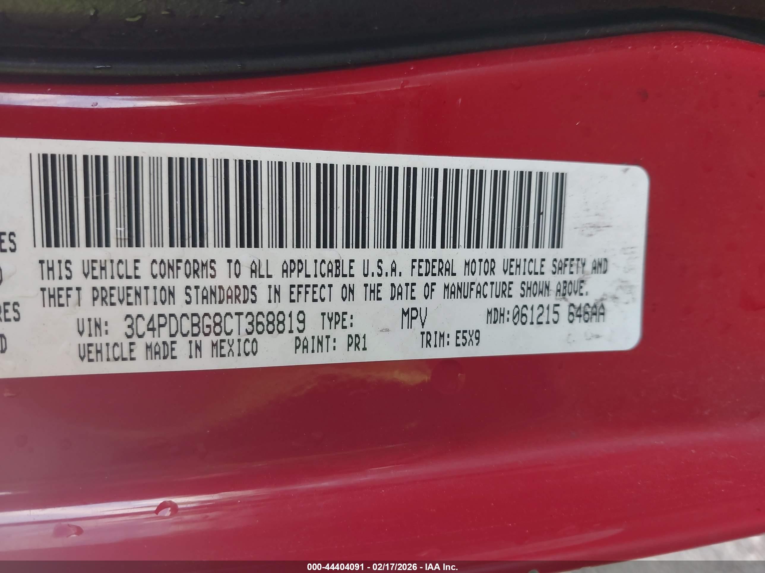 2012 Dodge Journey VIN 3C4PDCBG8CT368819 IAAI salvage auction — Unknown, Salvage (Arizona), sold $400 on 2026-07-09 (photo 9)