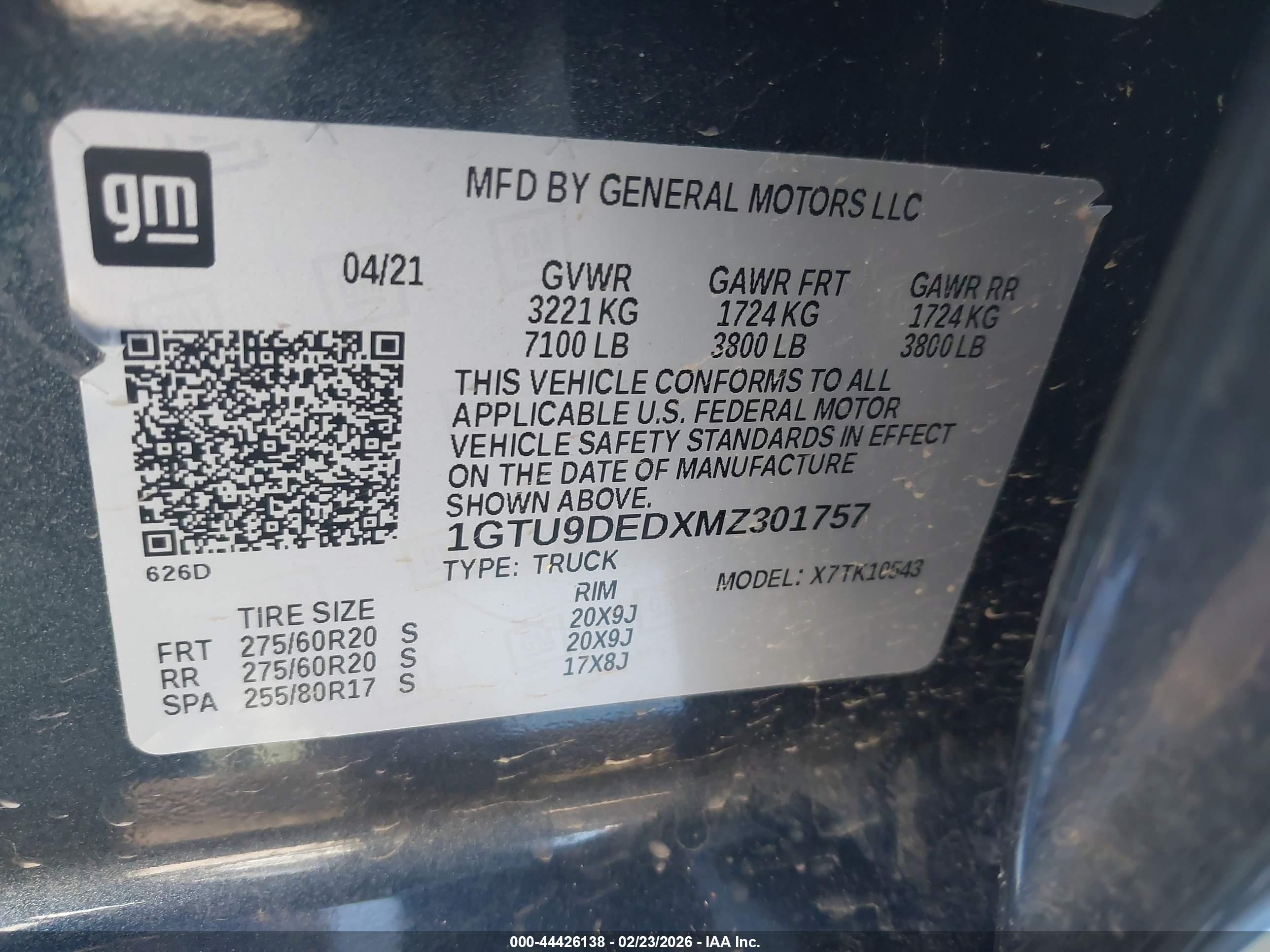 2021 Gmc SIERRA VIN 1GTU9DEDXMZ301757 IAAI salvage auction — Theft, Clear - Dealer Only (California), sold $23,800 on 2026-08-21 (photo 9)