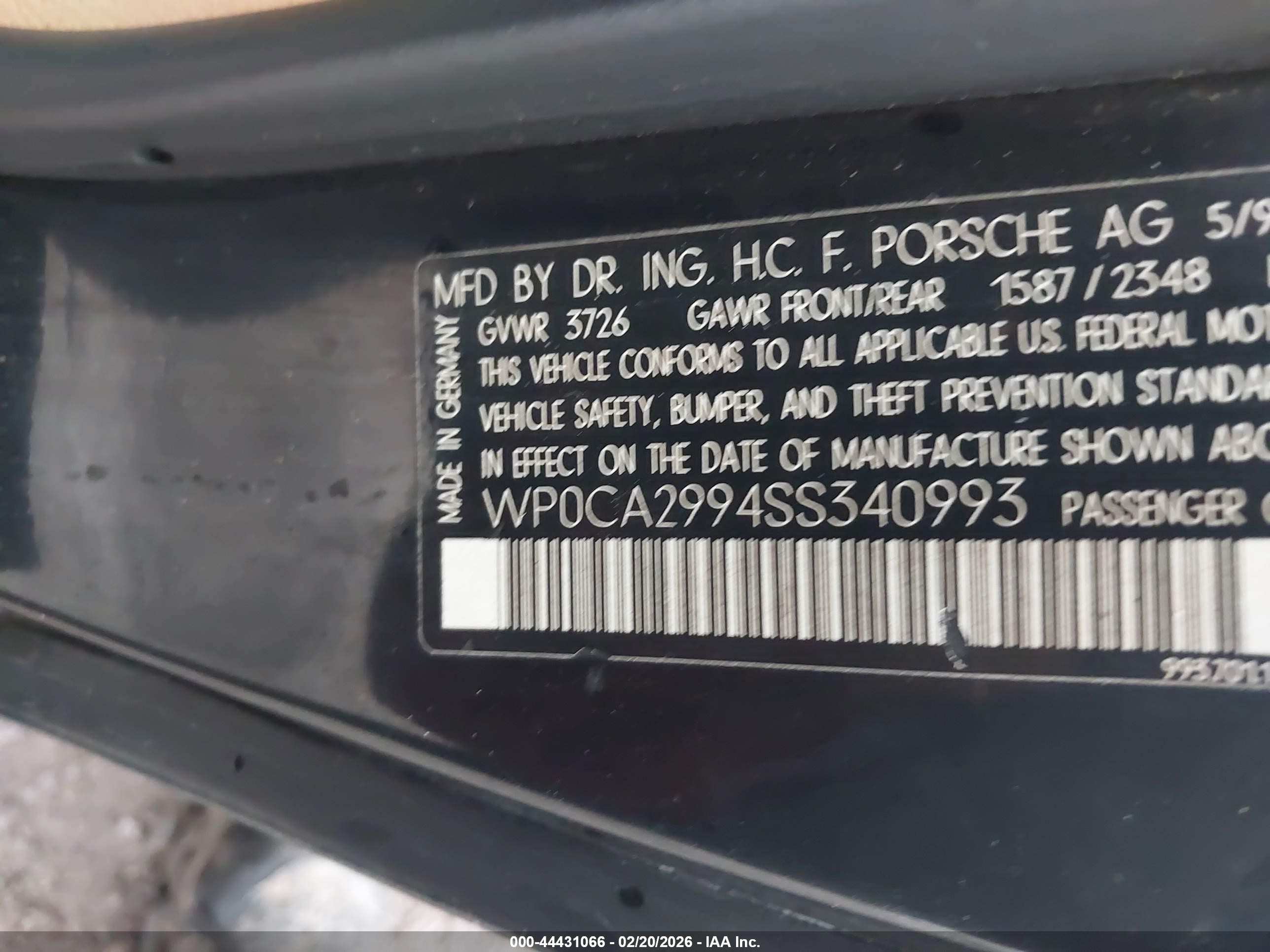 1995 Porsche 911 VIN WP0CA2994SS340993 IAAI salvage auction — Undercarriage, Mv-907A (New York), sold $37,050 on 2026-05-26 (photo 9)