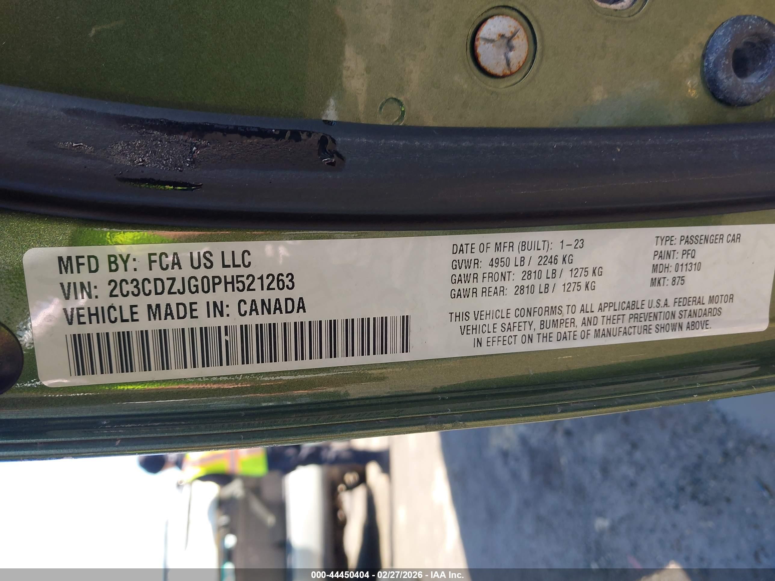 2023 Dodge Challenger VIN 2C3CDZJG0PH521263 IAAI salvage auction — Rear End, Salvage - Greater Than 75% (Maryland), sold $5,525 on 2026-06-23 (photo 9)
