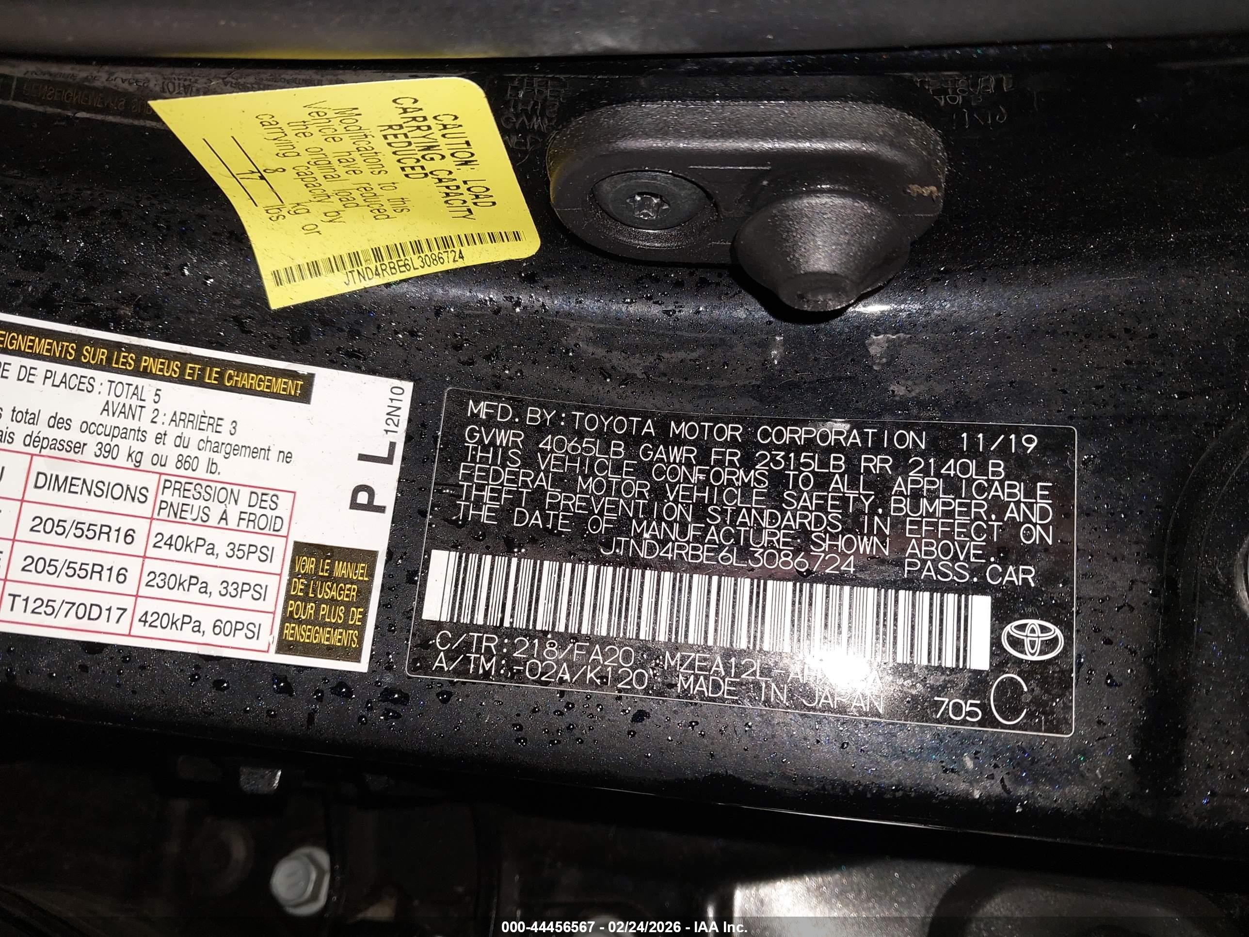 2020 Toyota Corolla VIN JTND4RBE6L3086724 IAAI salvage auction — Front End, Salvage (Oregon), sold $3,750 on 2026-07-07 (photo 9)