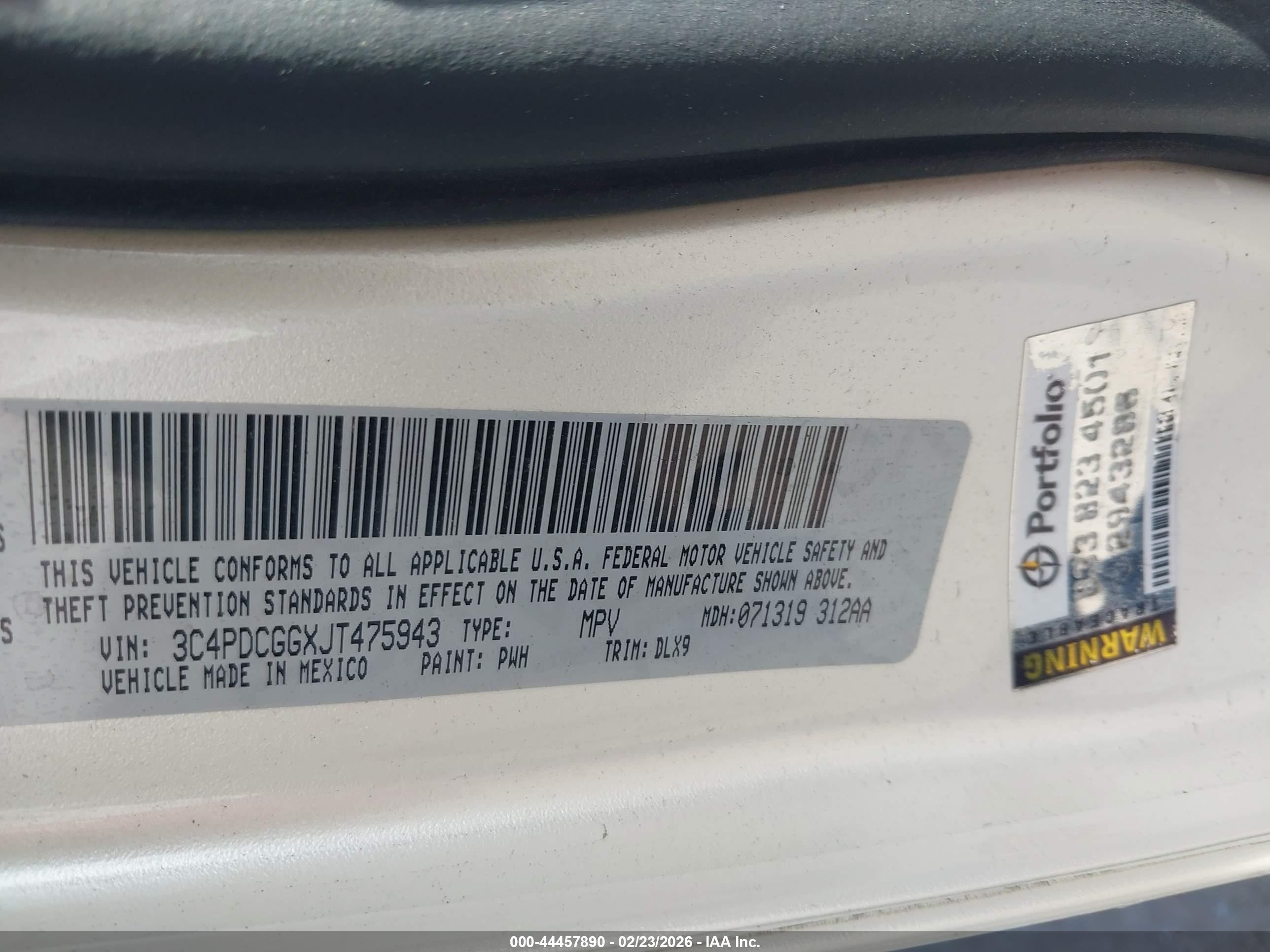 2018 Dodge Journey VIN 3C4PDCGGXJT475943 IAAI salvage auction — Unknown, Salvage (Arizona), sold $1,525 on 2026-07-09 (photo 9)