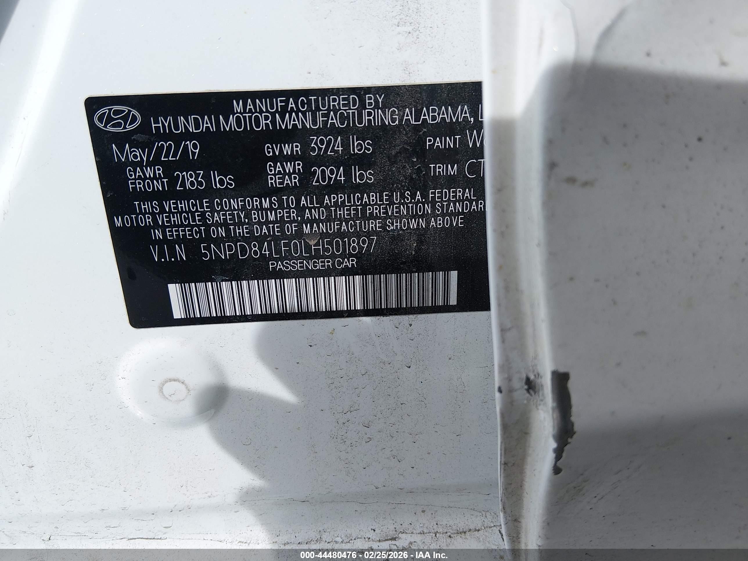 2020 Hyundai Elantra VIN 5NPD84LF0LH501897 IAAI salvage auction — Biohazard/Chemical, Non-Repairable (Utah), sold $275 on 2026-07-09 (photo 9)