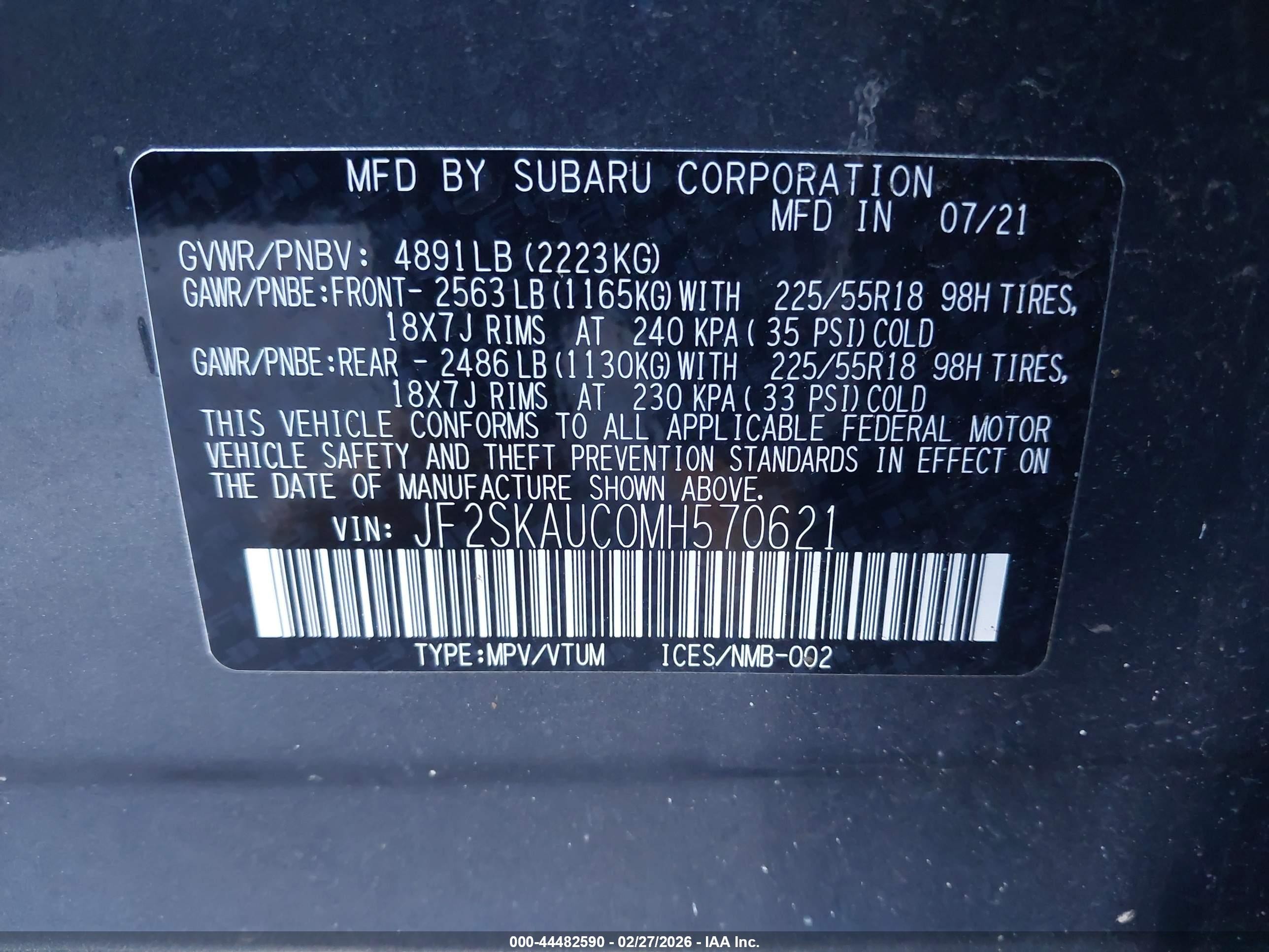 2021 Subaru Forester VIN JF2SKAUC0MH570621 IAAI salvage auction — Front End, Clear (California), sold $13,750 on 2026-07-07 (photo 9)