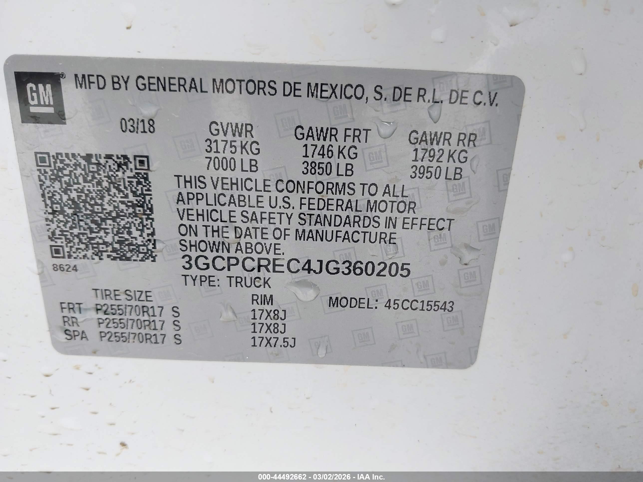 2018 Chevrolet Silverado 1500 VIN 3GCPCREC4JG360205 IAAI salvage auction — Front End, Original (Texas), sold $8,625 on 2026-06-27 (photo 9)
