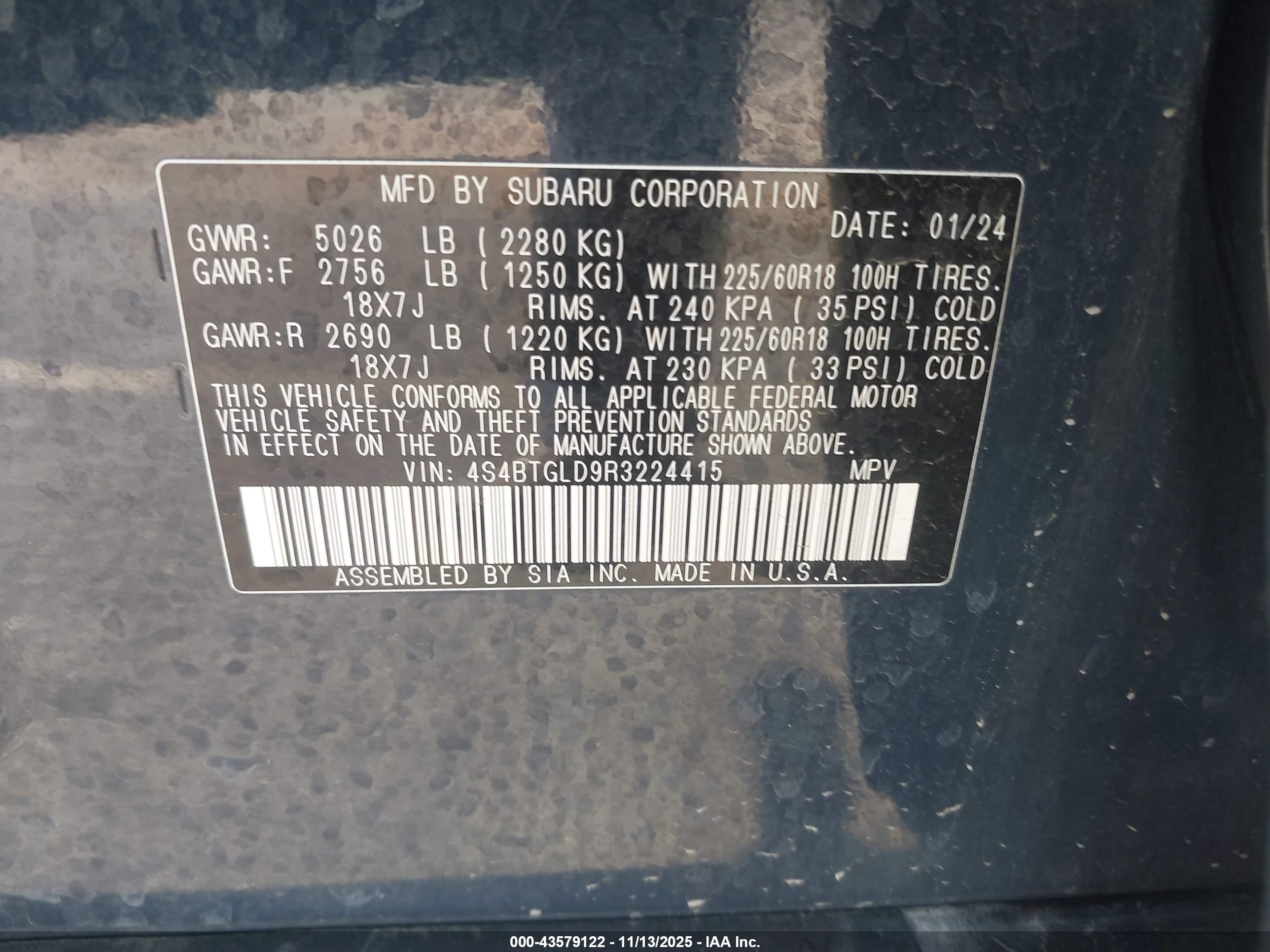 2024 Subaru Outback VIN 4S4BTGLD9R3224415 IAAI salvage auction — Rear End, Salvage (Utah), sold $6,700 on 2026-07-03 (photo 9)