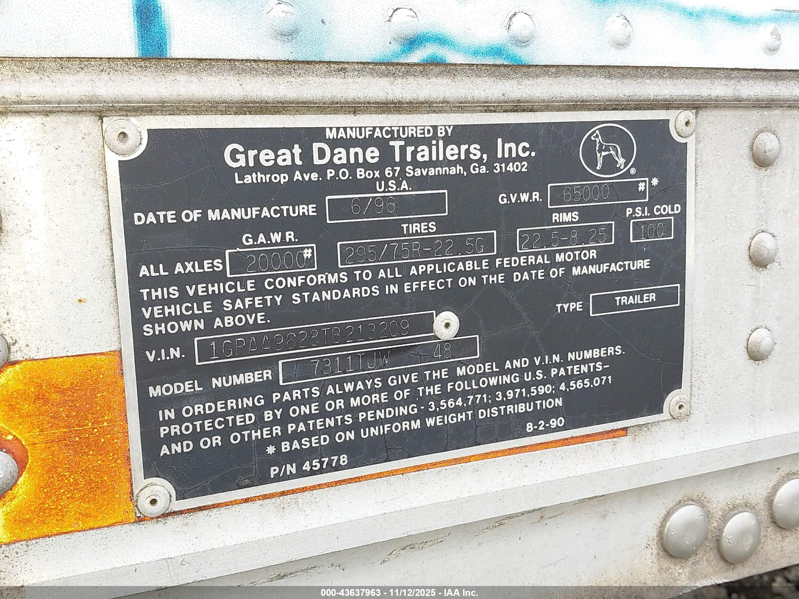 1996 Great Dane Trailers Unknown VIN 1GRAA9628TB213209 IAAI salvage auction — Normal Wear, Clear (Pennsylvania), sold $25 on 2026-09-11 (photo 9)