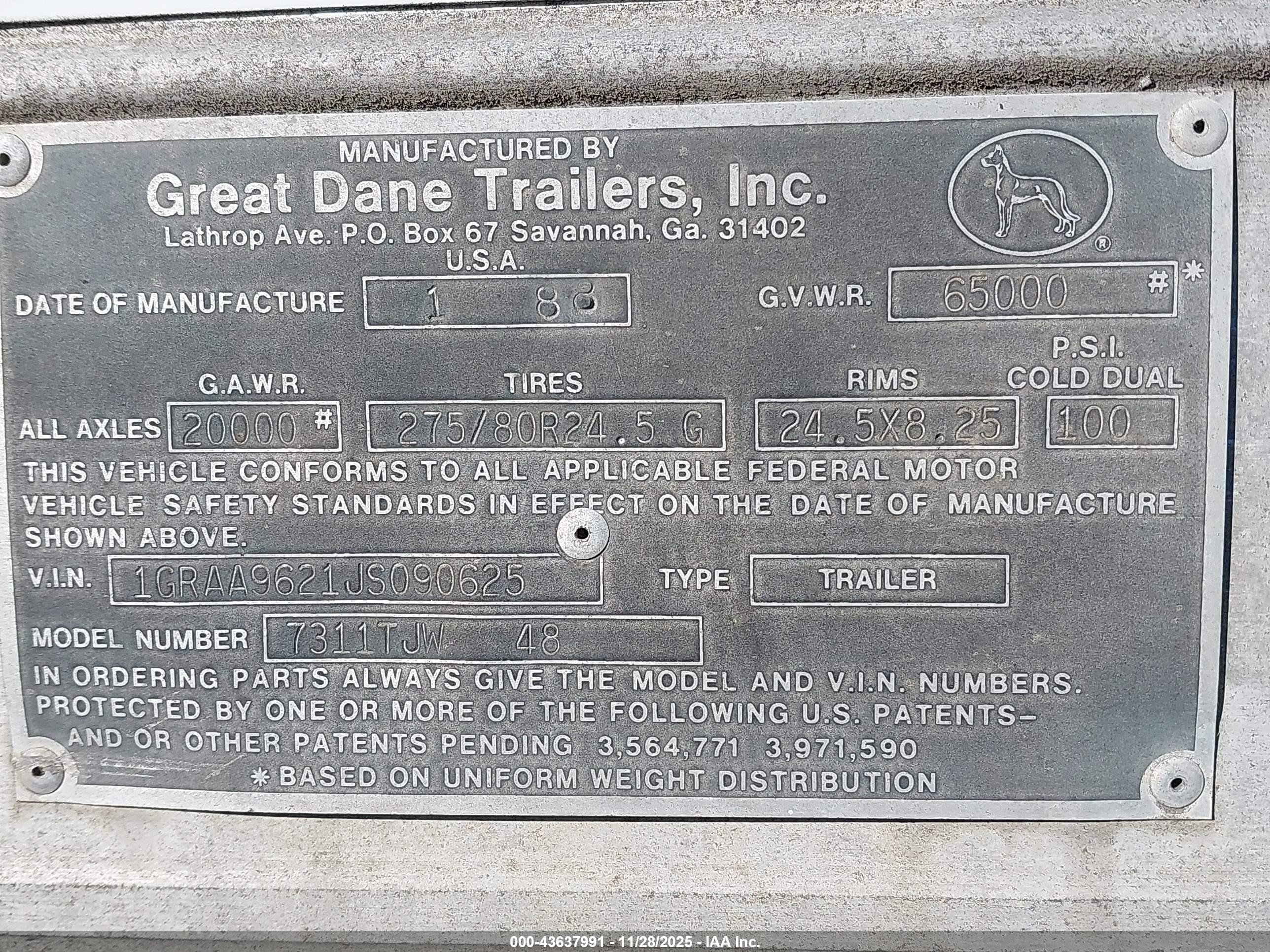 1988 Great Dane Trailers Great Dane Trailers VIN 1GRAA9621JS090625 IAAI salvage auction — Side, Clear (Indiana), sold $25 on 2026-09-11 (photo 9)