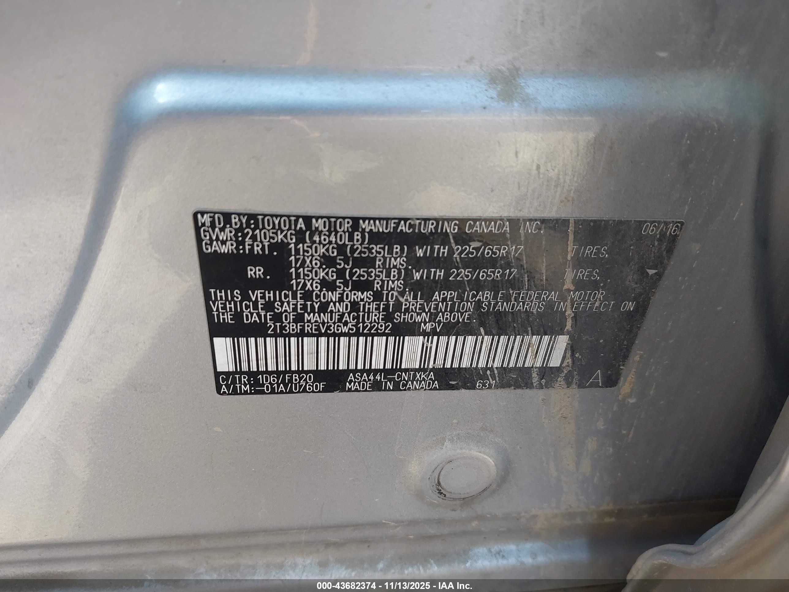 2016 Toyota RAV4 VIN 2T3BFREV3GW512292 IAAI salvage auction — Front & Rear, Original (Texas), sold $2,450 on 2026-07-11 (photo 9)