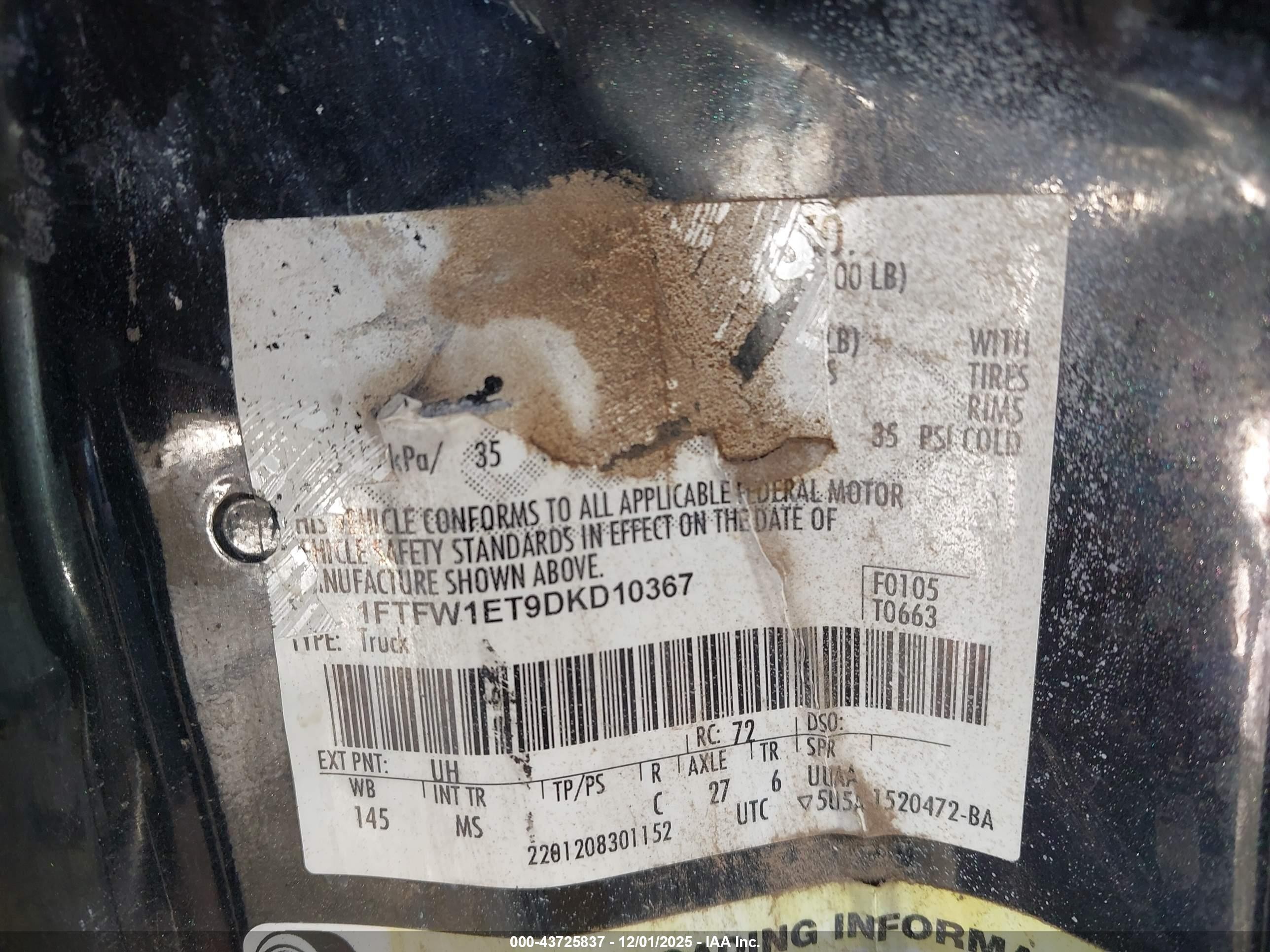 2013 Ford F-150 VIN 1FTFW1ET9DKD10367 IAAI salvage auction — Front & Rear, Salvage (Utah), sold $7,200 on 2023-08-29 (photo 9)