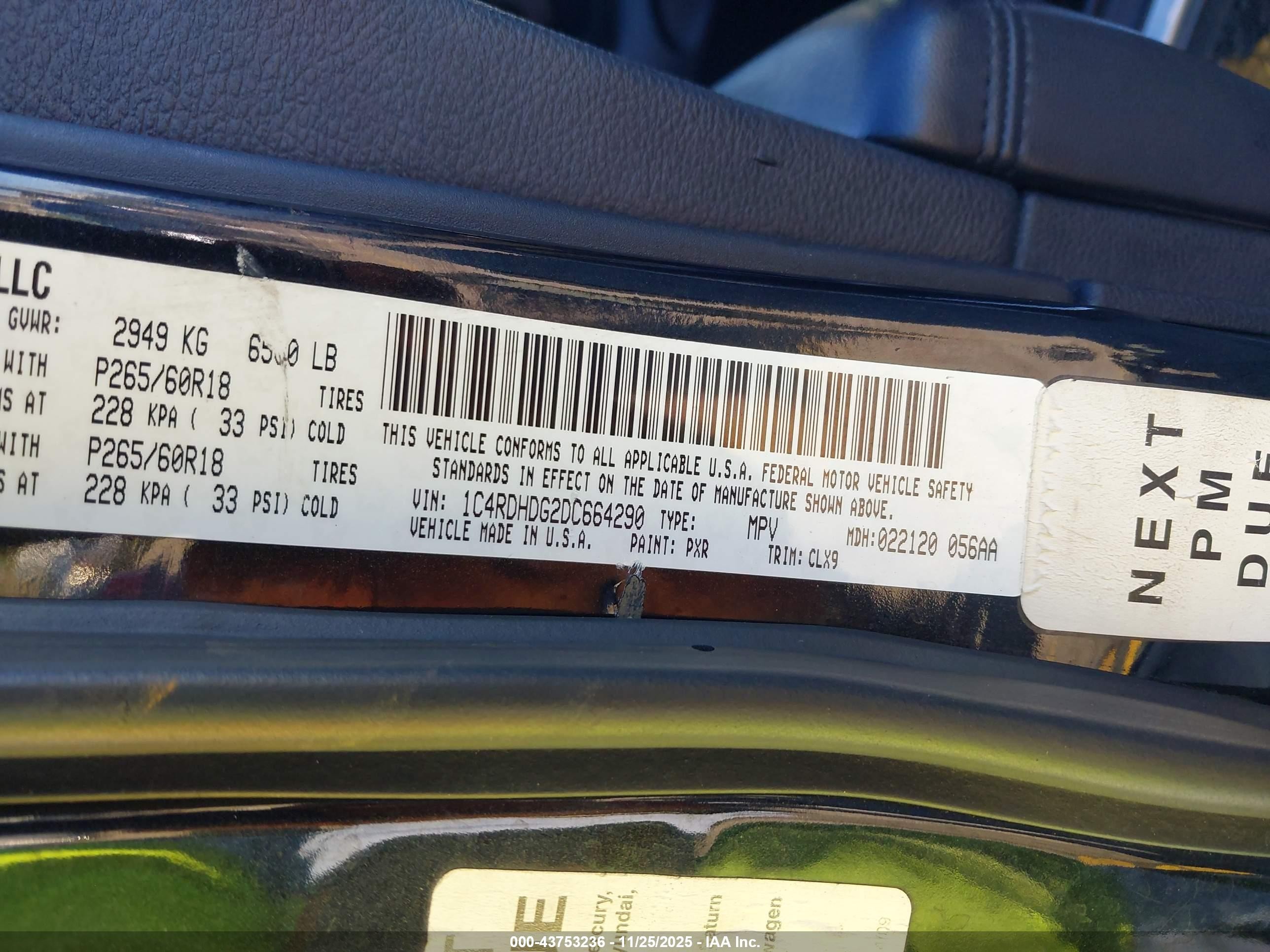 2013 Dodge Durango VIN 1C4RDHDG2DC664290 IAAI salvage auction — Front & Rear, Salvage (California), sold $1,300 on 2026-07-07 (photo 9)