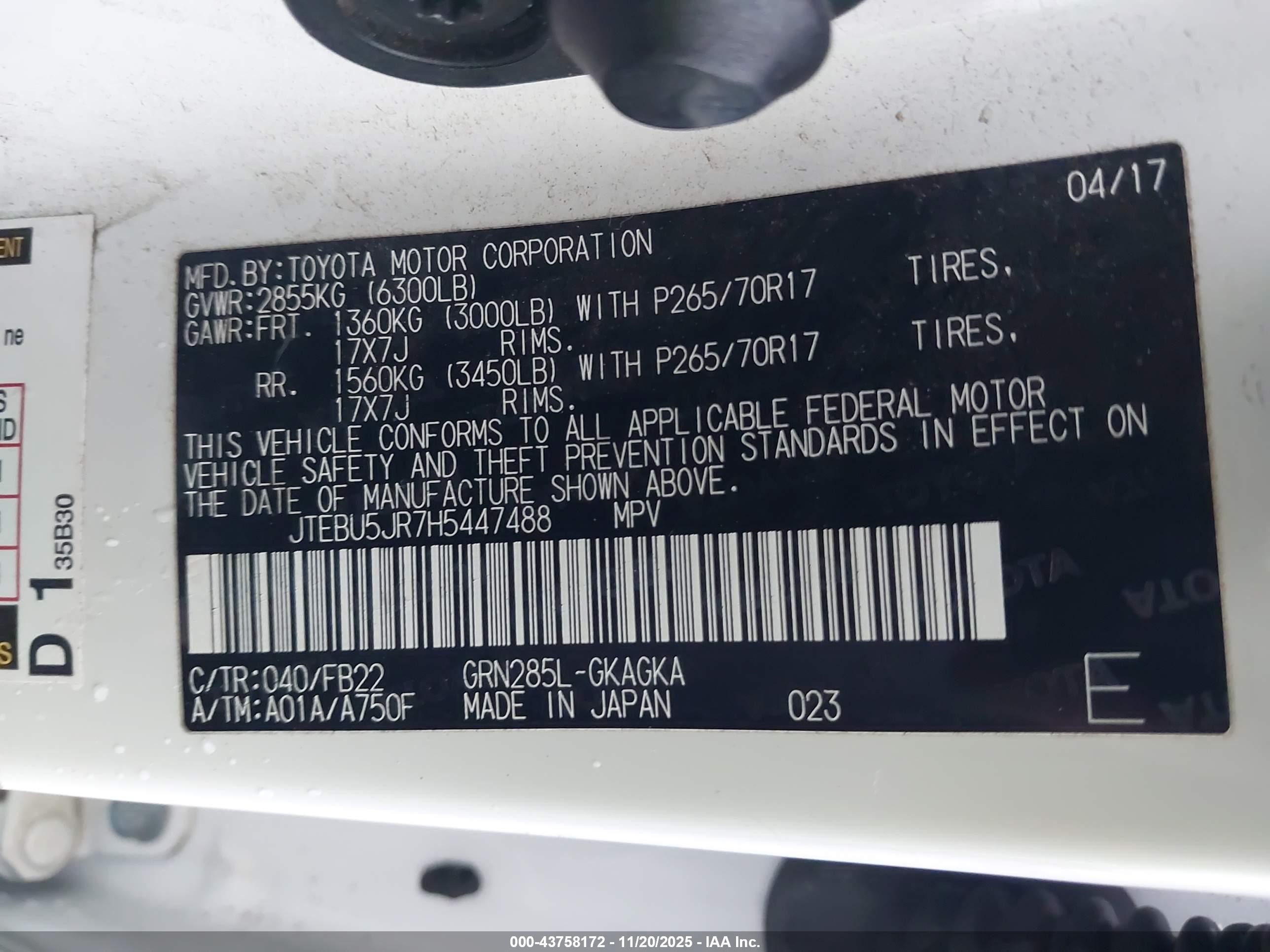 2017 Toyota 4Runner VIN JTEBU5JR7H5447488 IAAI salvage auction — Front End, Salvage (California), sold $8,450 on 2026-07-07 (photo 9)