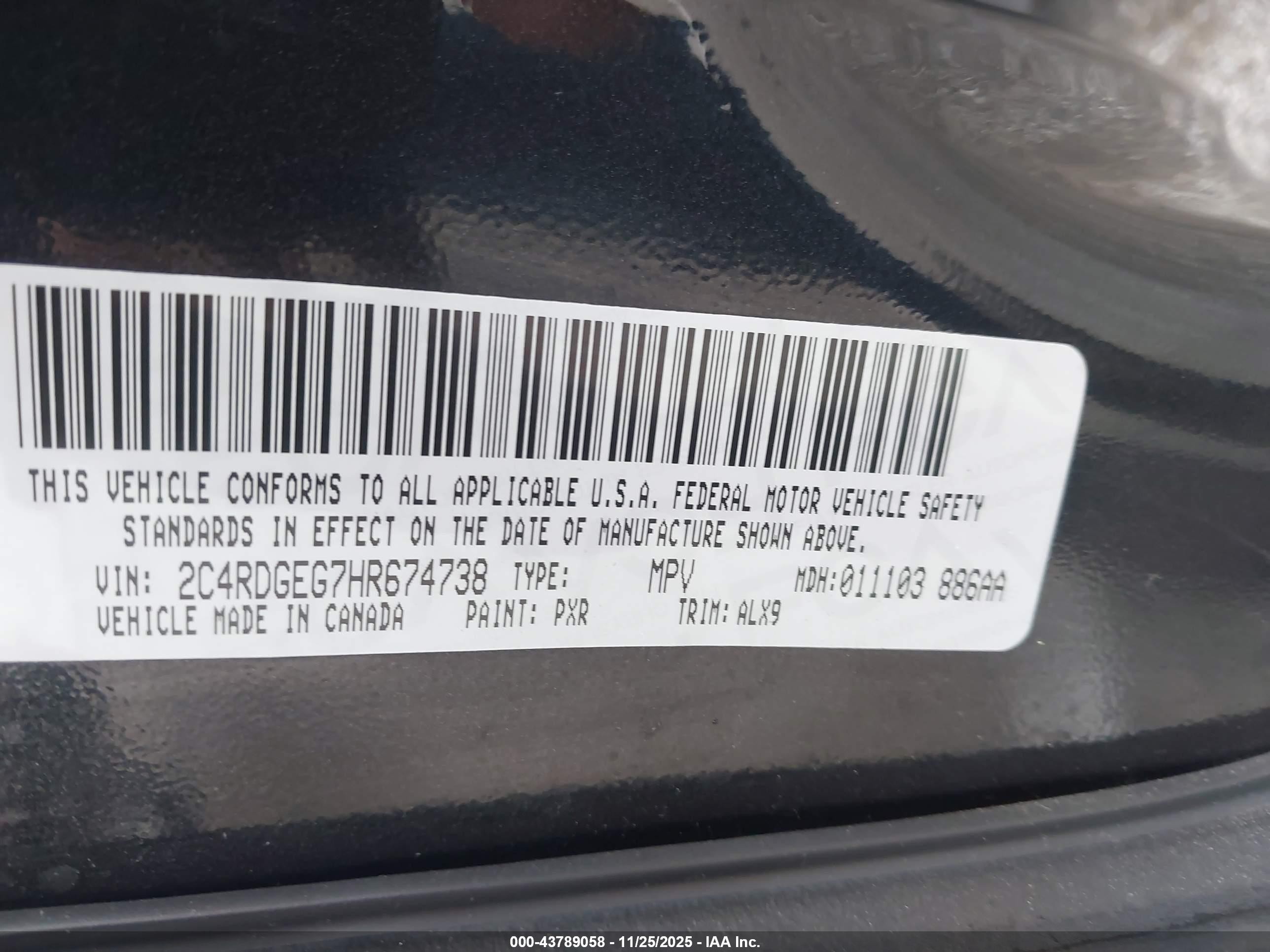 2017 Dodge Caravan VIN 2C4RDGEG7HR674738 IAAI salvage auction — Front End, Salvage (Indiana), sold $375 on 2026-09-03 (photo 9)