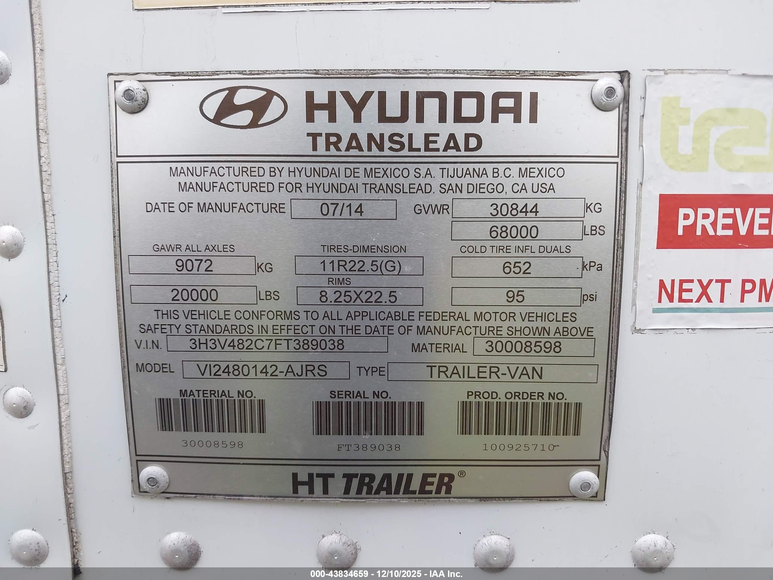 2015 Hyundai Translead Inc Hyundai Translead Inc VIN 3H3V482C7FT389038 IAAI salvage auction — Side, Salvage (California), sold $500 on 2026-05-13 (photo 9)