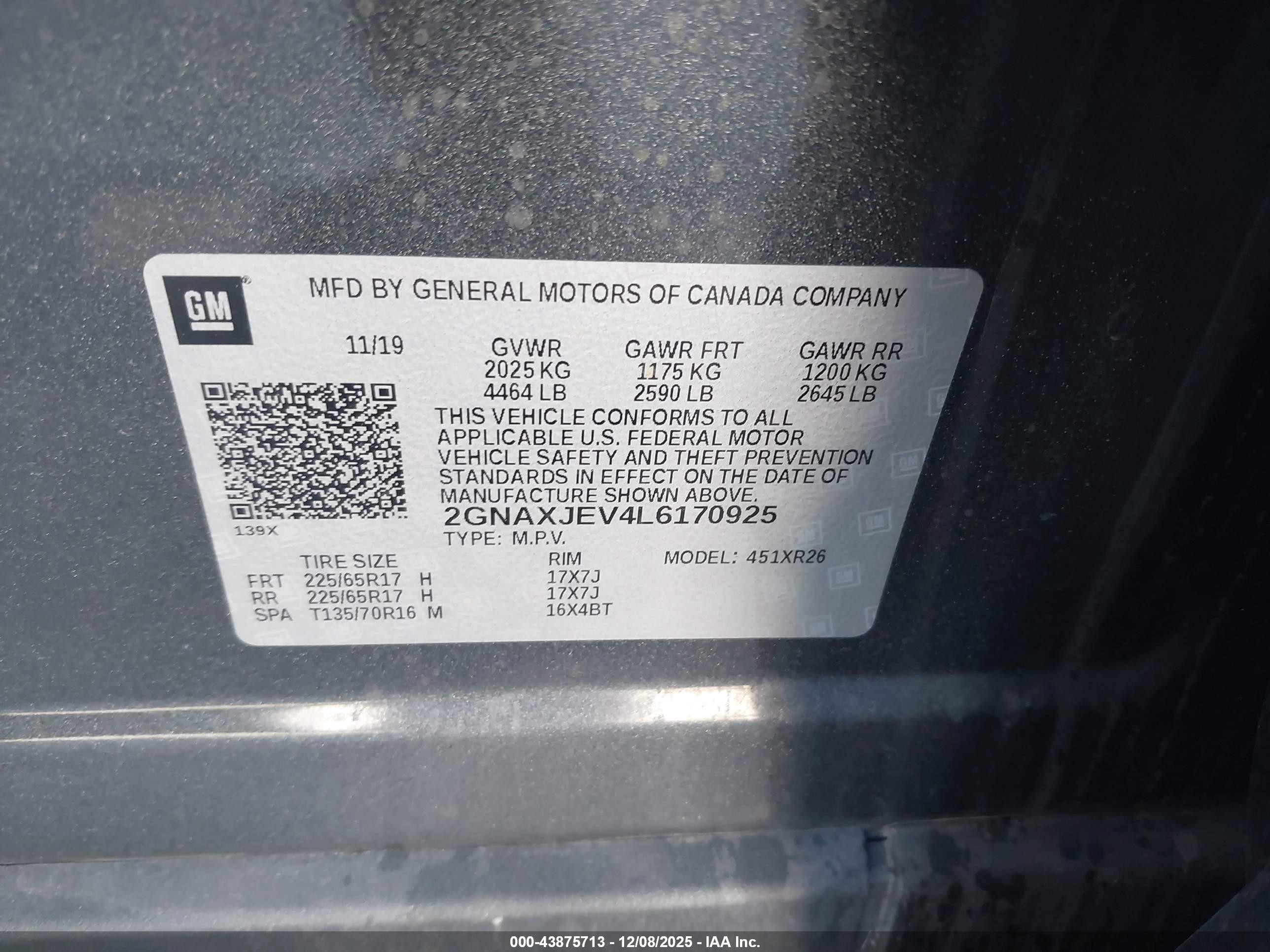 2020 Chevrolet Equinox VIN 2GNAXJEV4L6170925 IAAI salvage auction — Front End, Salvage (California), sold $925 on 2026-07-07 (photo 9)