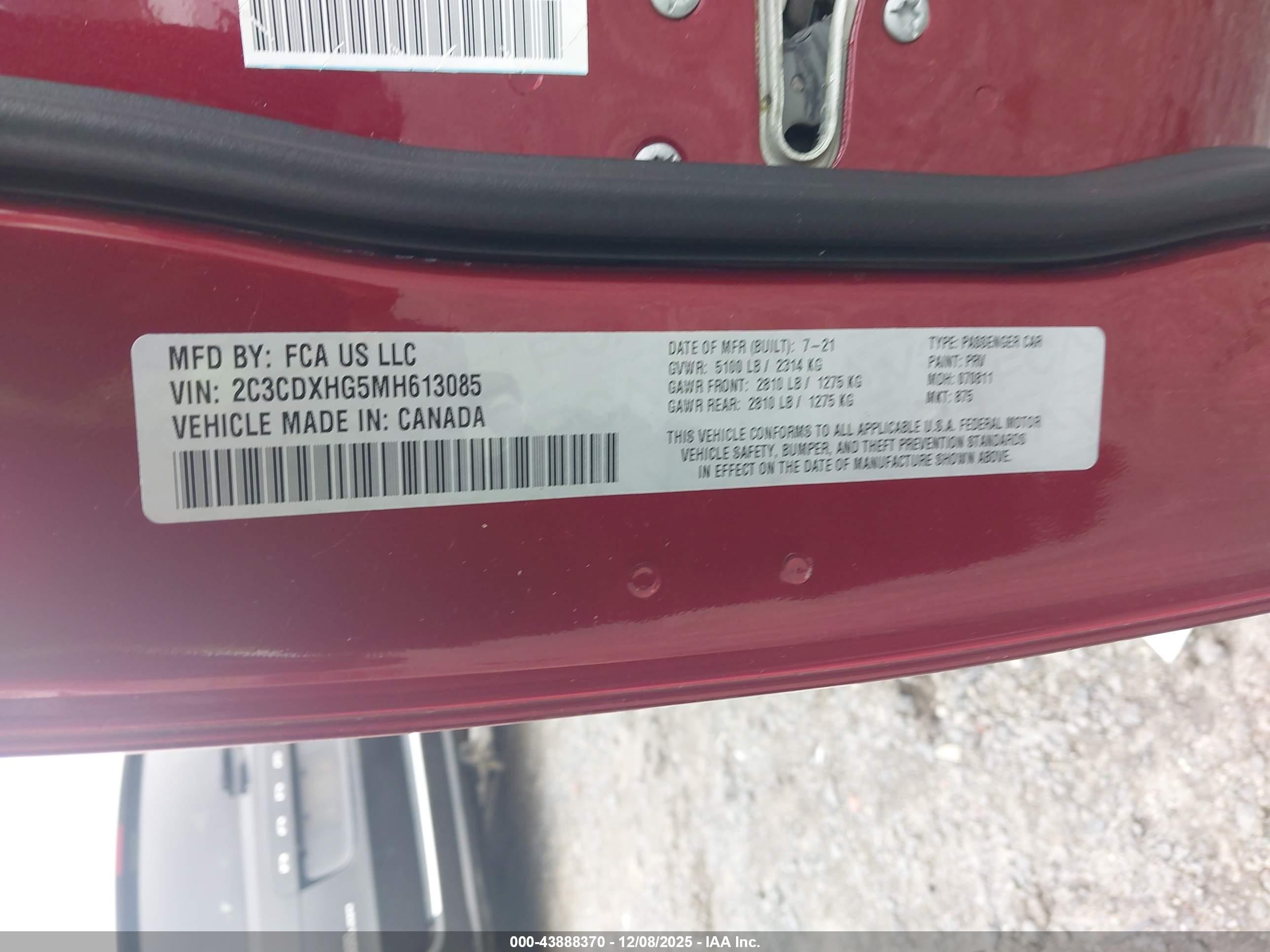 2021 Dodge Charger VIN 2C3CDXHG5MH613085 IAAI salvage auction — Front End, Salvage (South Carolina), sold $2,650 on 2026-07-07 (photo 9)