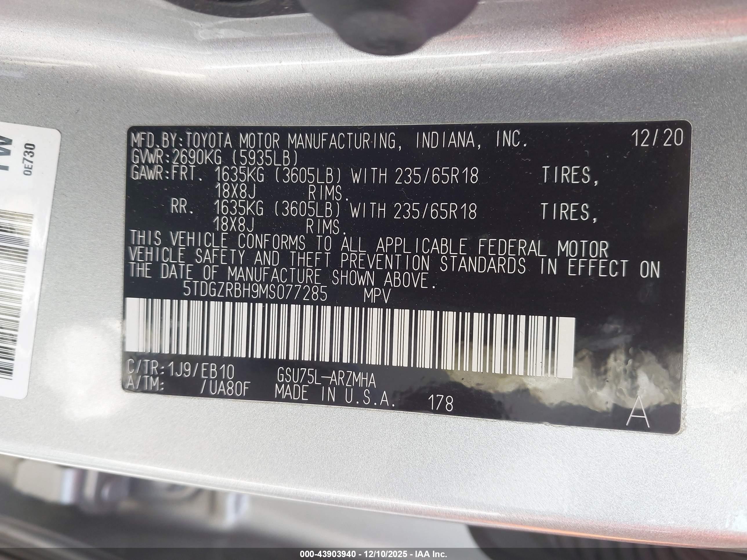 2021 Toyota Highlander VIN 5TDGZRBH9MS077285 IAAI salvage auction — Front & Rear, Salvage (New Jersey), sold $12,000 on 2026-07-04 (photo 9)