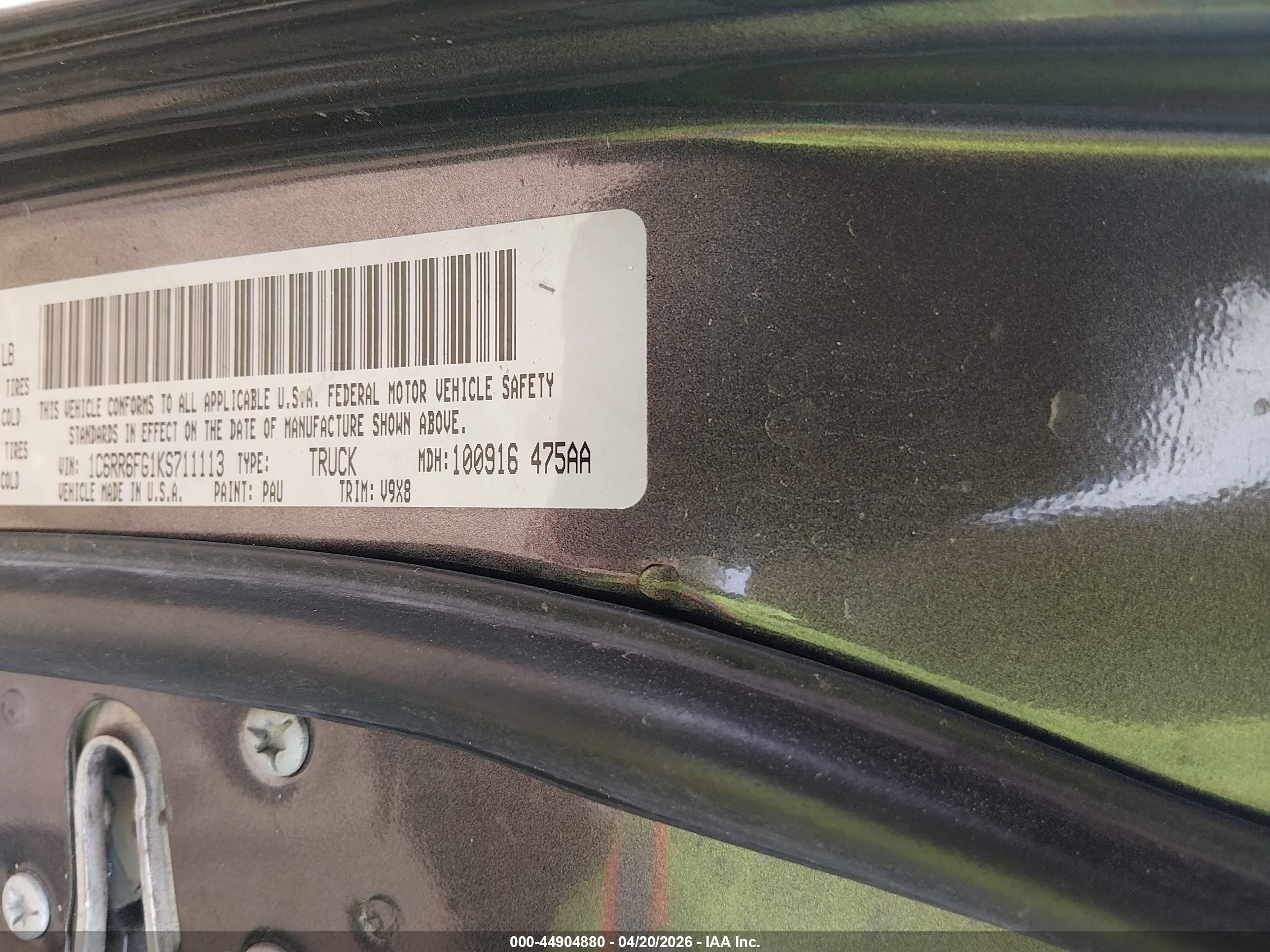 2019 Ram 1500 VIN 1C6RR6FG1KS711113 IAAI salvage auction — Front End, Salvage (Tennessee), sold $1,950 on 2026-06-20 (photo 9)
