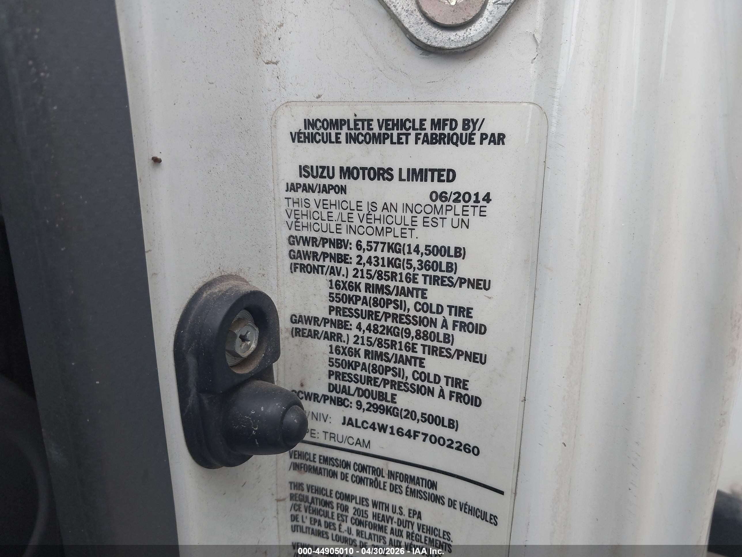 2015 Isuzu NPR VIN JALC4W164F7002260 IAAI salvage auction — Front End, Salvage (Texas), sold $1,050 on 2026-05-20 (photo 8)
