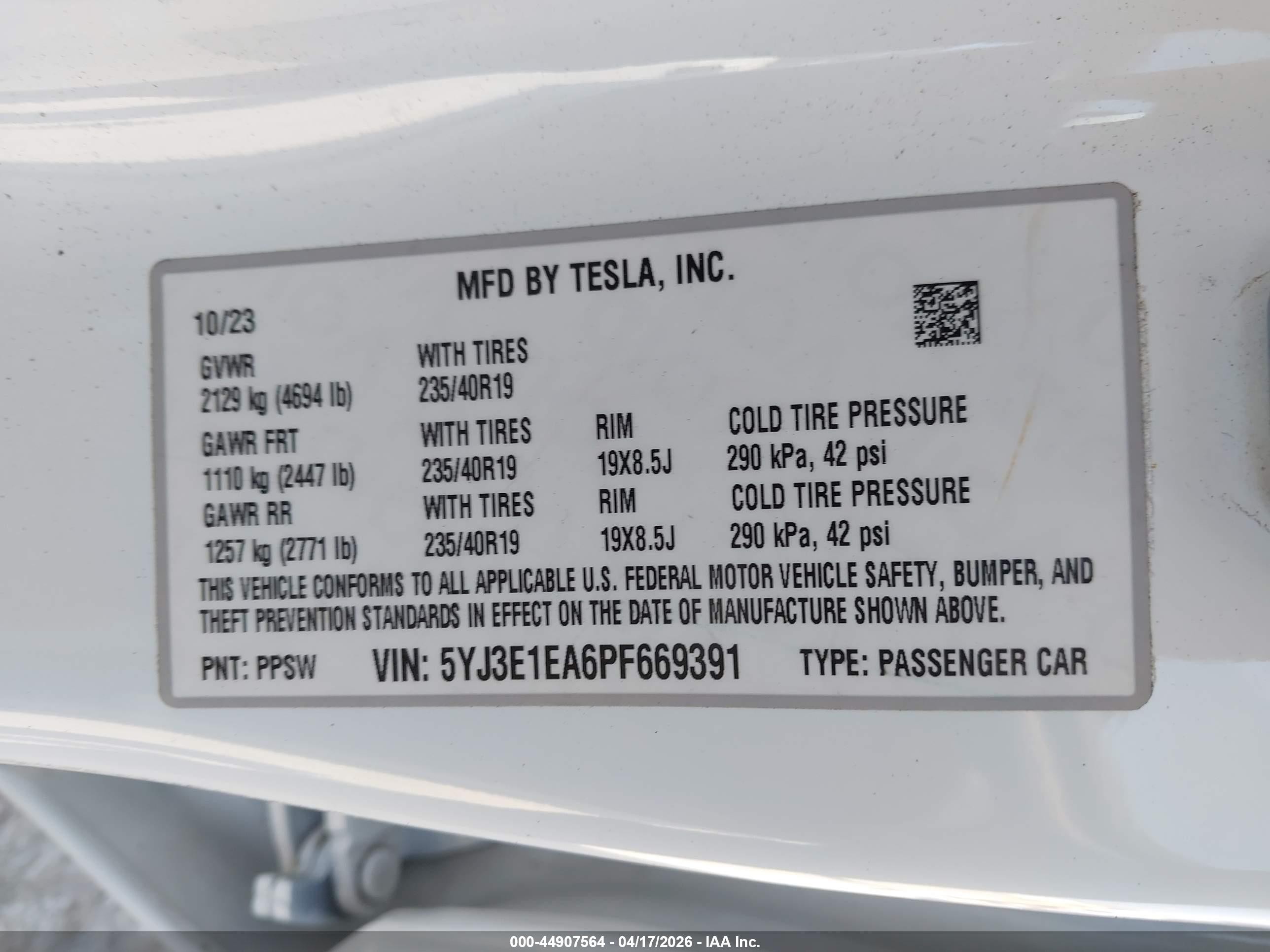 2023 Tesla Model 3 VIN 5YJ3E1EA6PF669391 IAAI salvage auction — Rear End, Salvage (California), sold $7,600 on 2026-09-11 (photo 9)