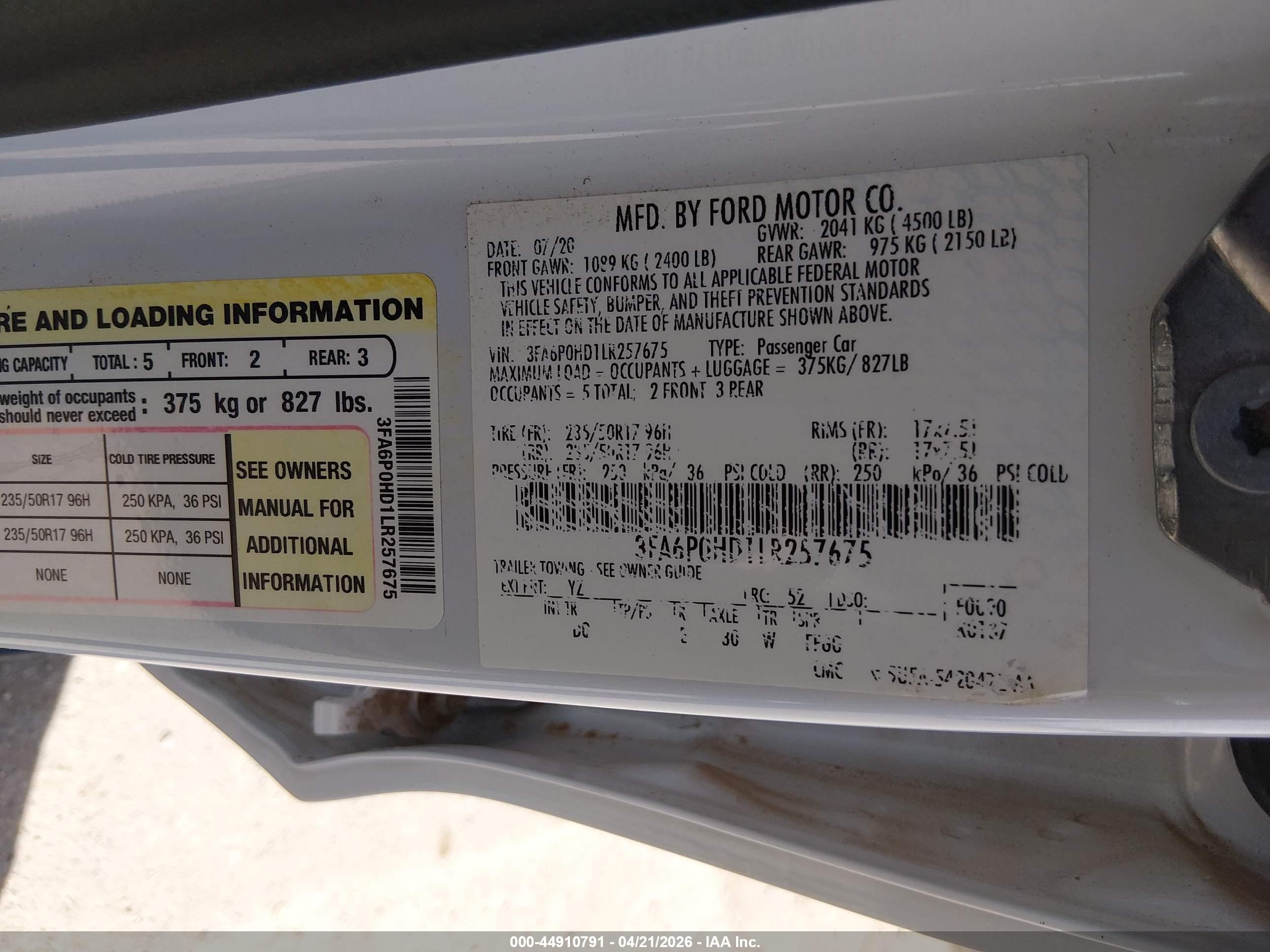 2020 Ford Fusion VIN 3FA6P0HD1LR257675 IAAI salvage auction — Front End, Salvage (Arizona), sold $1,900 on 2026-07-02 (photo 9)