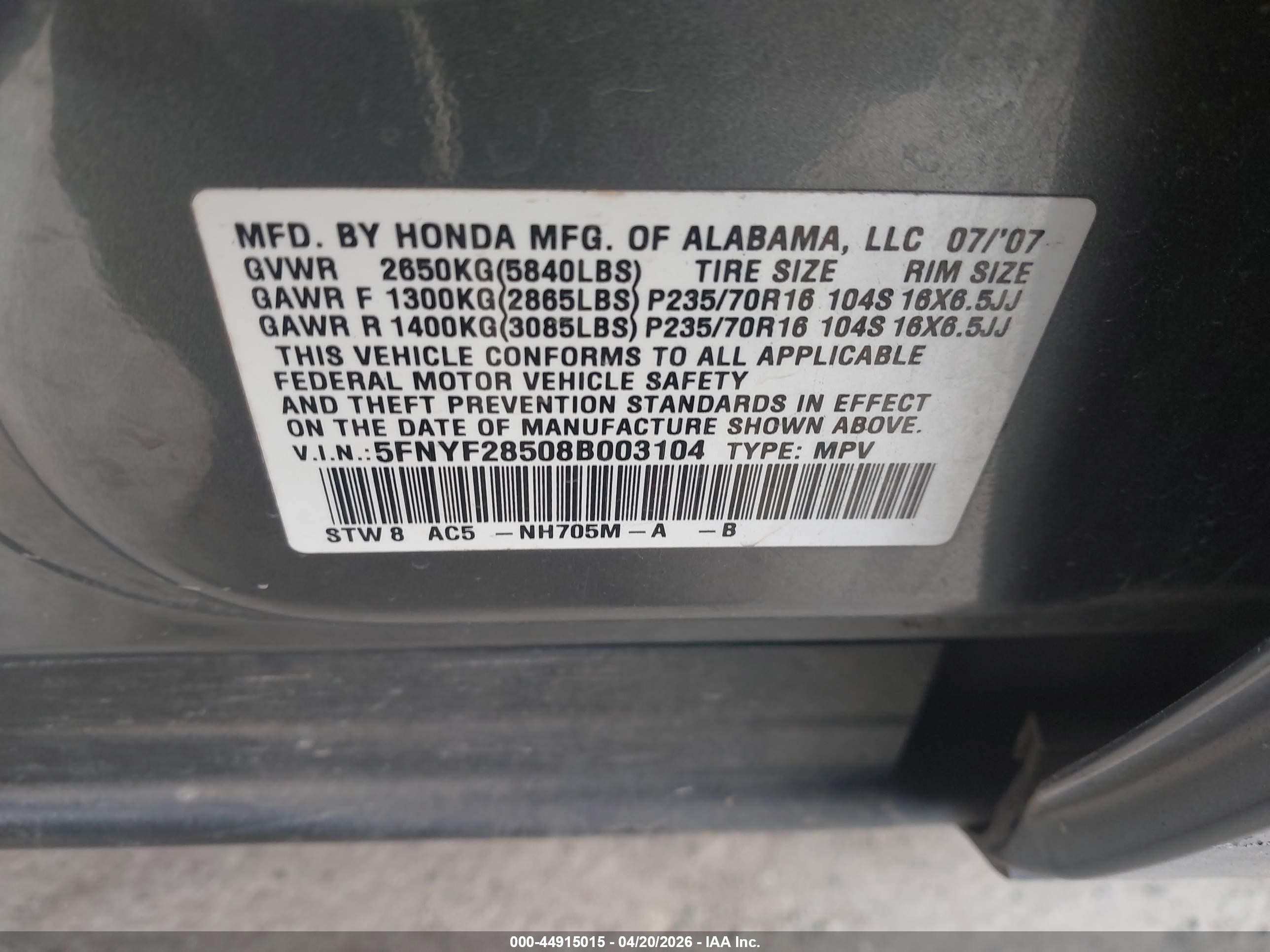 2008 Honda Pilot VIN 5FNYF28508B003104 IAAI salvage auction — Normal Wear, App For Dup Clear (California), sold $400 on 2026-07-09 (photo 9)
