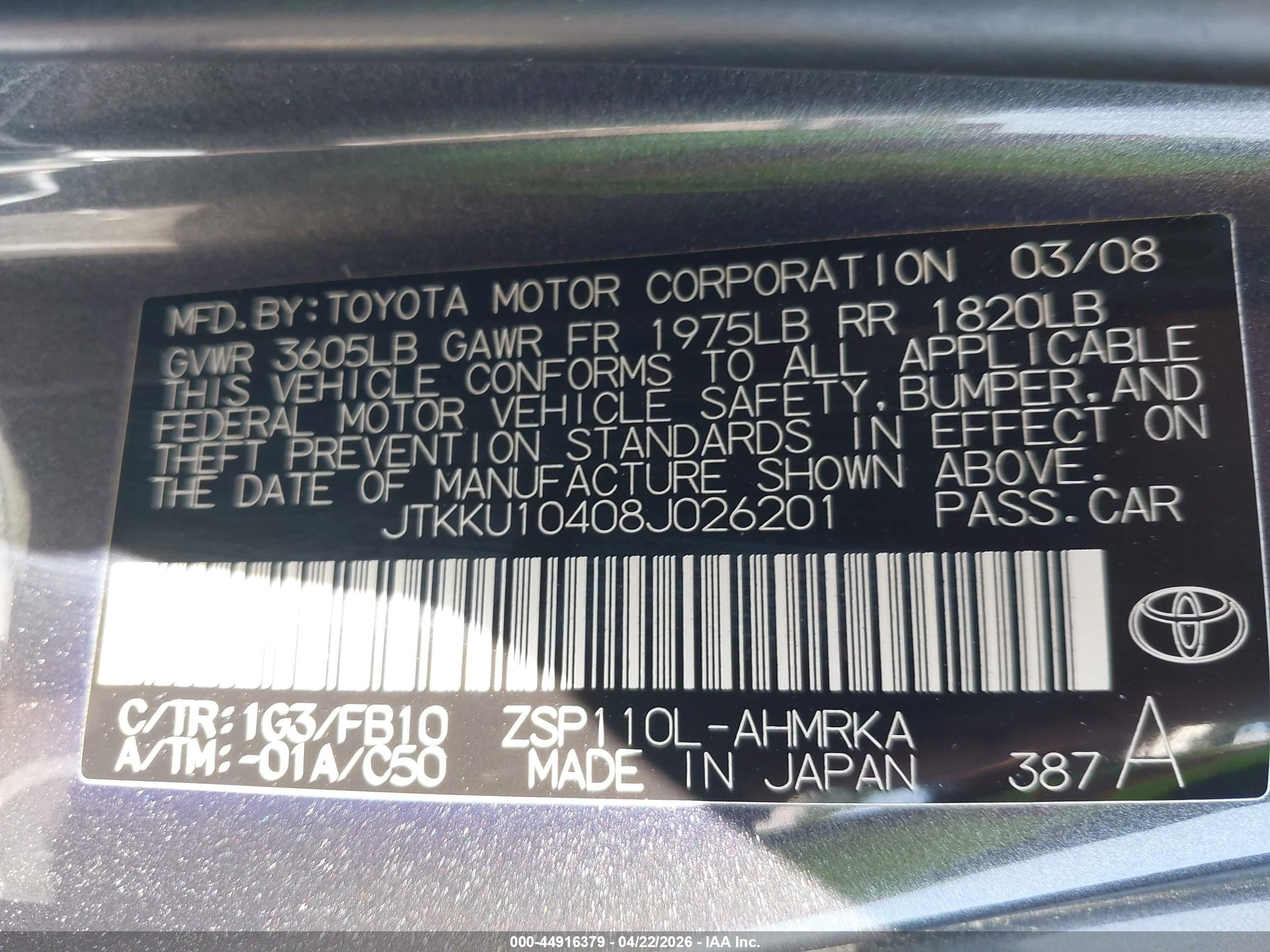 2008 Scion xD VIN JTKKU10408J026201 IAAI salvage auction — Front End, Salvage (North Carolina), sold $675 on 2026-09-11 (photo 9)