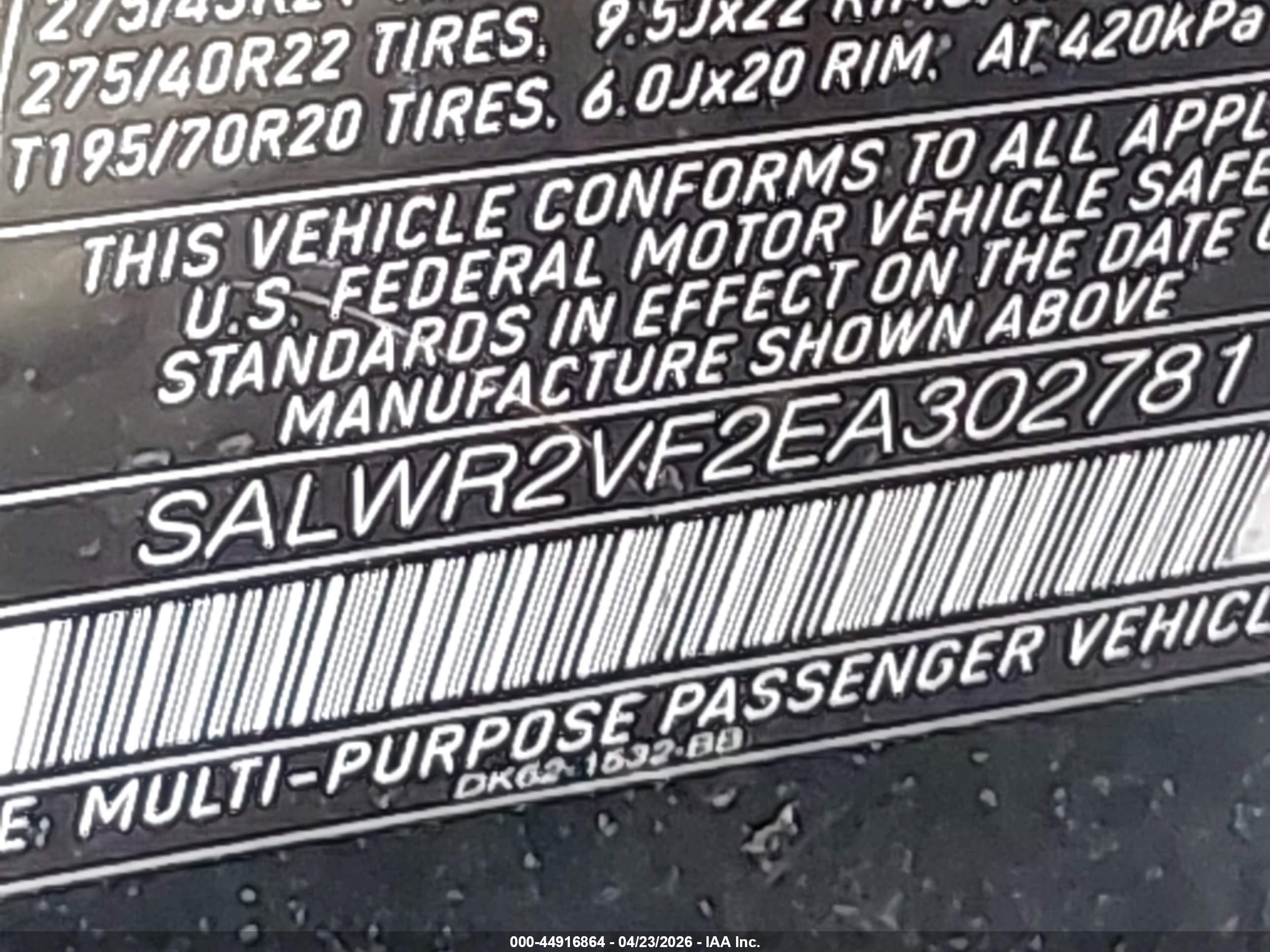 2014 Land Rover Range Rover Sport VIN SALWR2VF2EA302781 IAAI salvage auction — Normal Wear, Clear (New York), sold $2,275 on 2026-06-30 (photo 9)