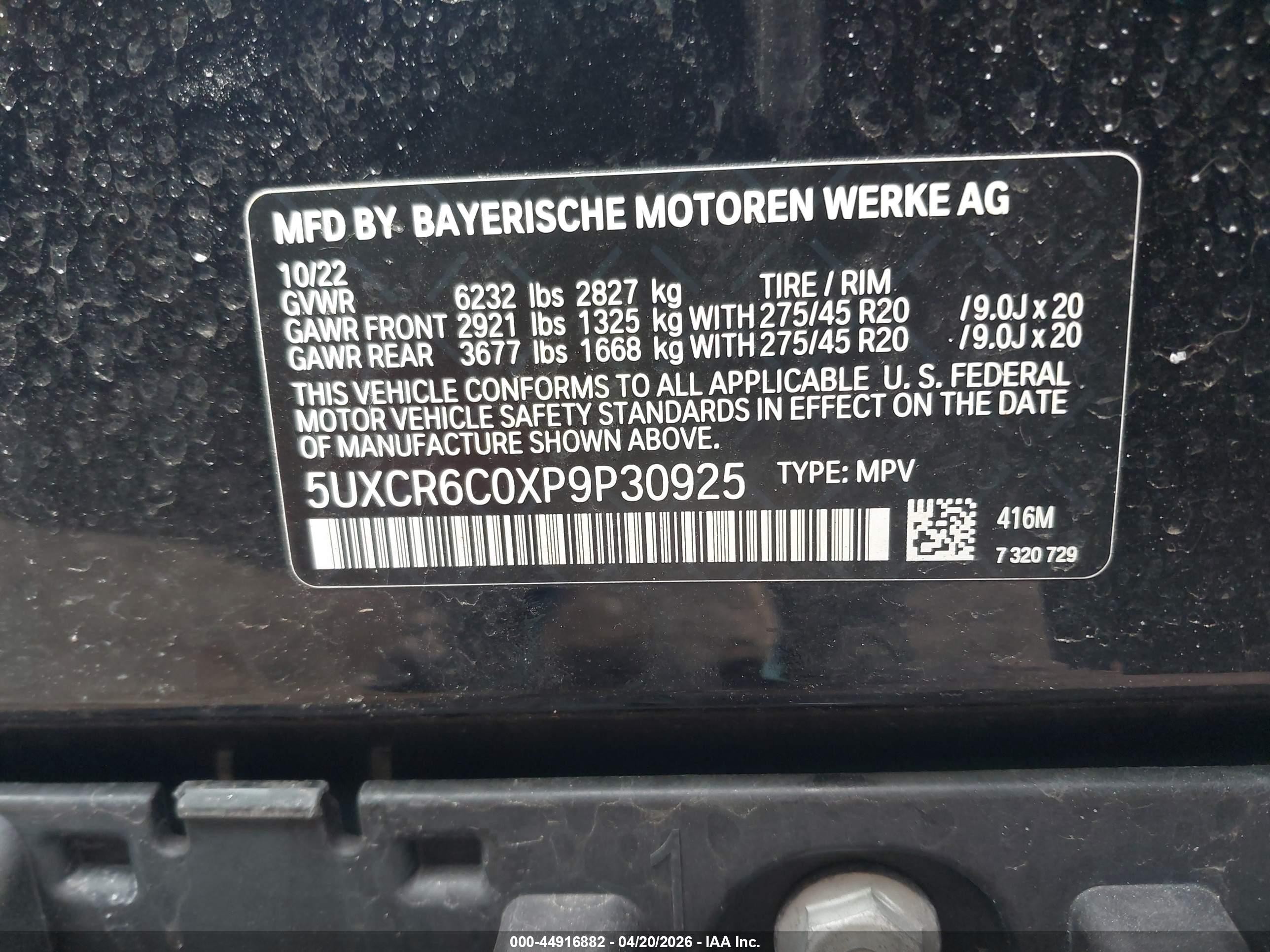 2023 BMW X5 VIN 5UXCR6C0XP9P30925 IAAI salvage auction — Front & Rear, Salvage (Massachusetts), sold $20,050 on 2026-08-21 (photo 9)