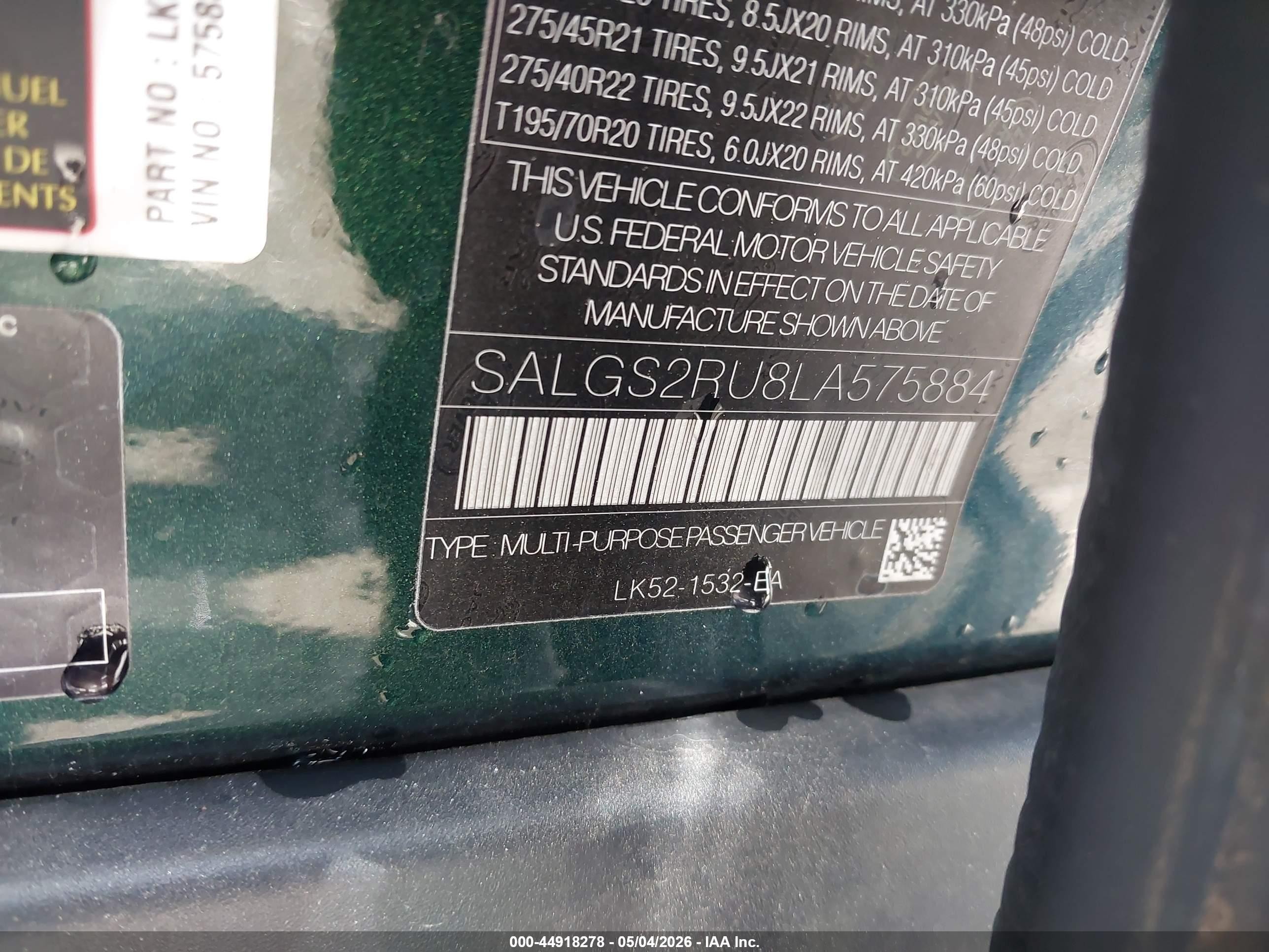 2020 Land rover RANGE ROVER VIN SALGS2RU8LA575884 IAAI salvage auction — Rear End, Salvage (North Carolina), sold $18,000 on 2026-09-08 (photo 9)