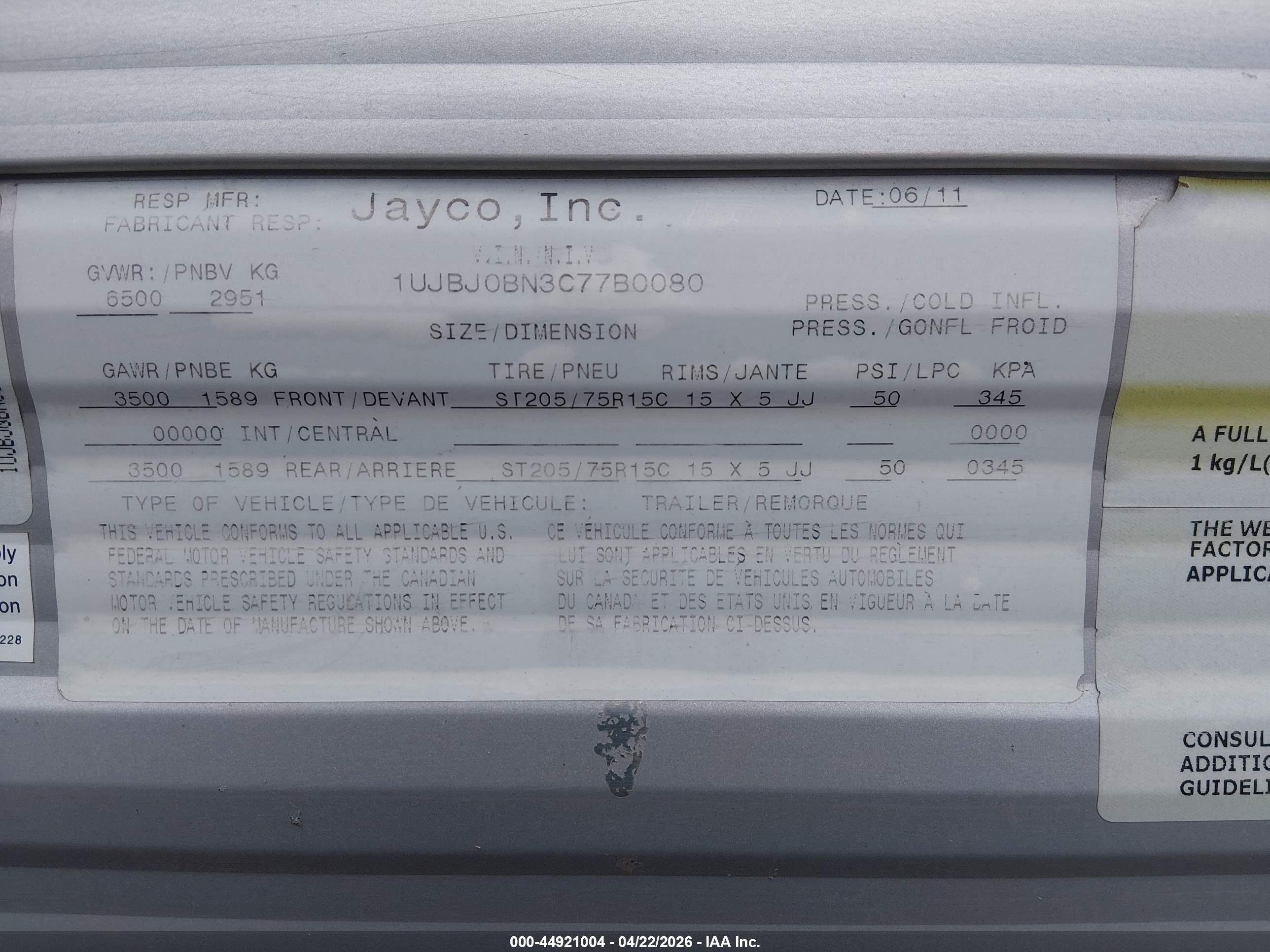 2012 Jayco Jay flight VIN 1UJBJ0BN3C77B0080 IAAI salvage auction — Theft, Salvage (California), sold $1,000 on 2026-09-16 (photo 9)