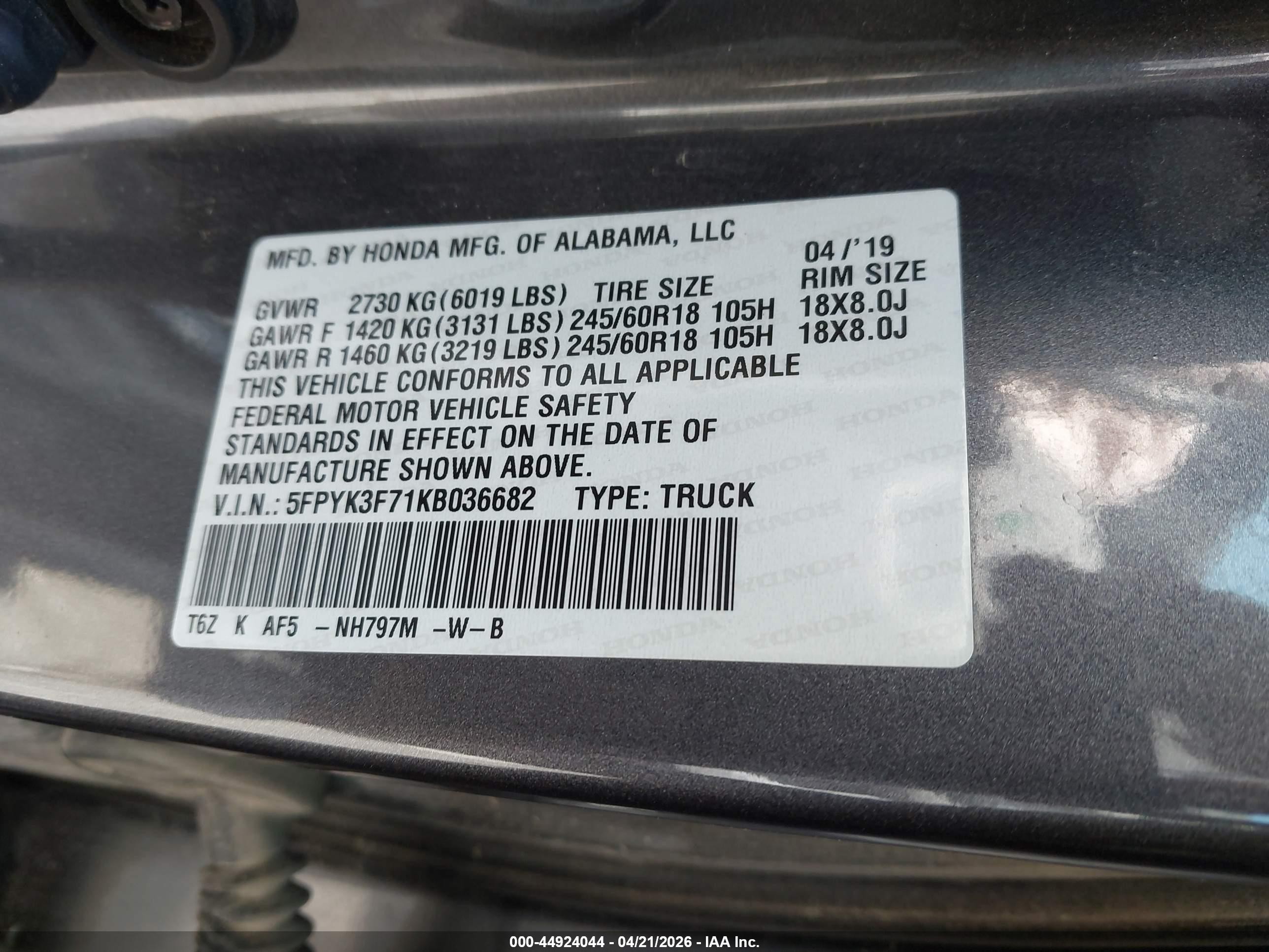 2019 Honda Ridgeline VIN 5FPYK3F71KB036682 IAAI salvage auction — Side, Clear (Michigan), sold $4,400 on 2026-06-29 (photo 9)