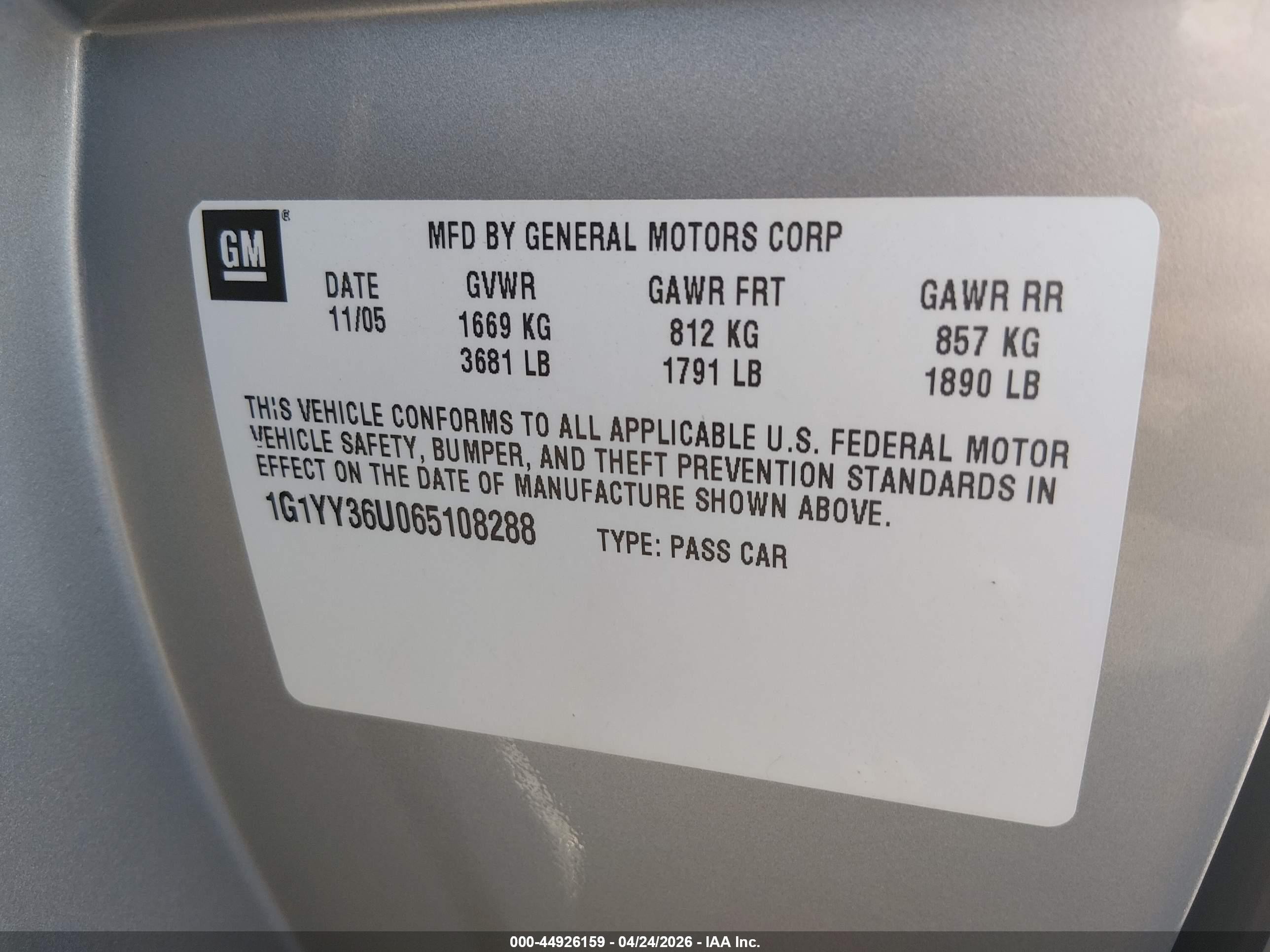 2006 Chevrolet Corvette VIN 1G1YY36U065108288 IAAI salvage auction — Normal Wear, Clear (South Carolina), sold $19,300 on 2026-05-06 (photo 9)