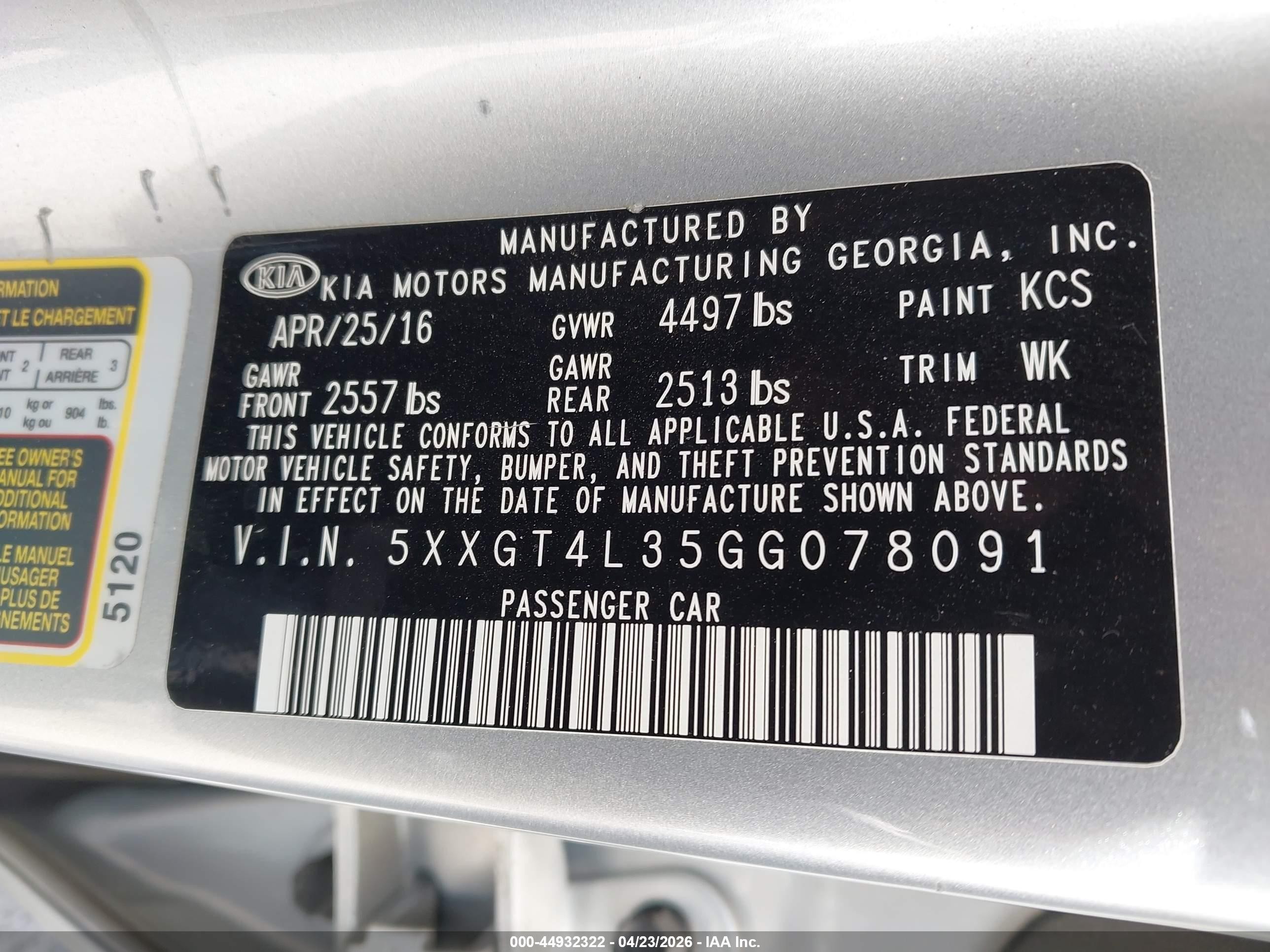 2016 Kia Optima VIN 5XXGT4L35GG078091 IAAI salvage auction — Unknown, Salvage (Arizona), sold $1,450 on 2026-07-09 (photo 9)