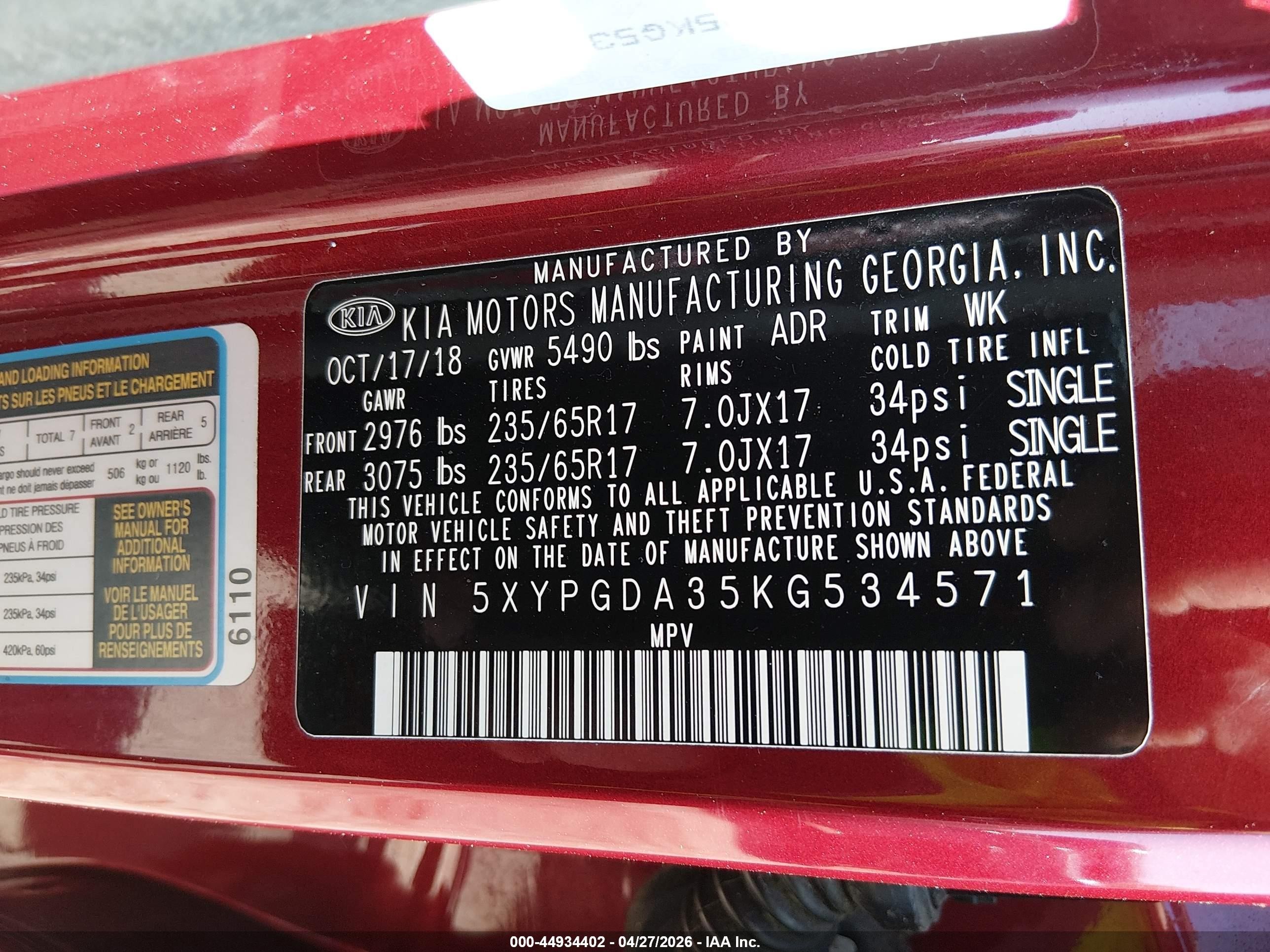 2019 Kia Sorento VIN 5XYPGDA35KG534571 IAAI salvage auction — Side, Salvage (Connecticut), sold $1,425 on 2026-08-27 (photo 9)