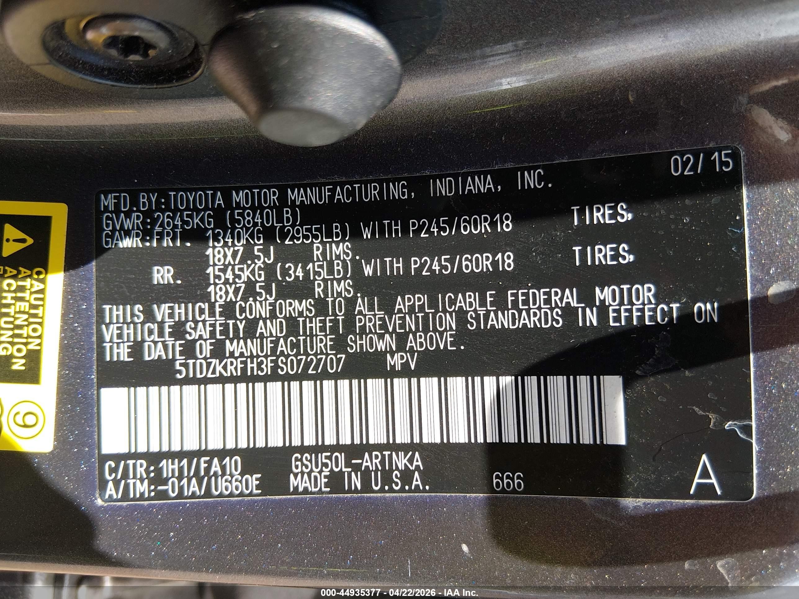 2015 Toyota Highlander VIN 5TDZKRFH3FS072707 IAAI salvage auction — Unknown, Clear (Hawaii), sold $2,600 on 2026-07-12 (photo 9)